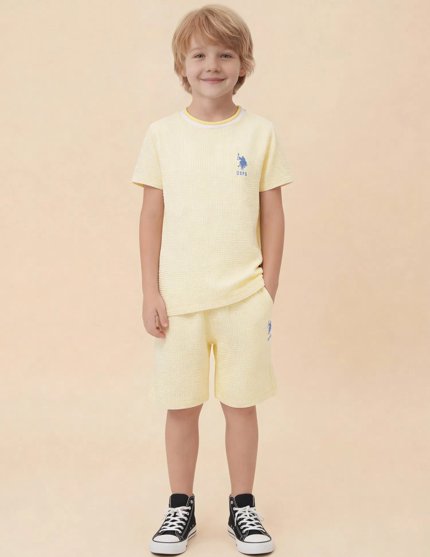 Boys Light Yellow Cotton Blend Textured Regular Fit T-Shirt