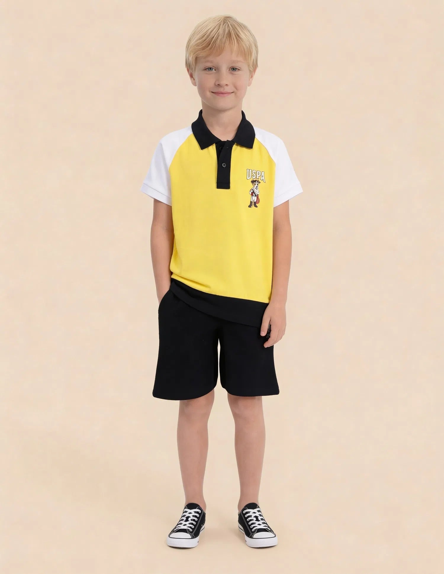 Boys Light Yellow Cotton Colour Block Regular Fit Polo Shirt