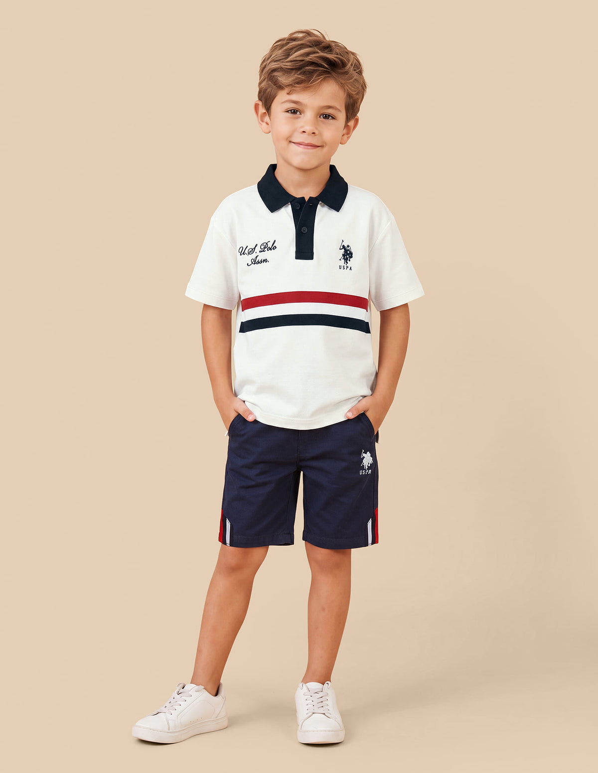 Boys Off White Oversized Solid Cotton Blend Polo Shirt