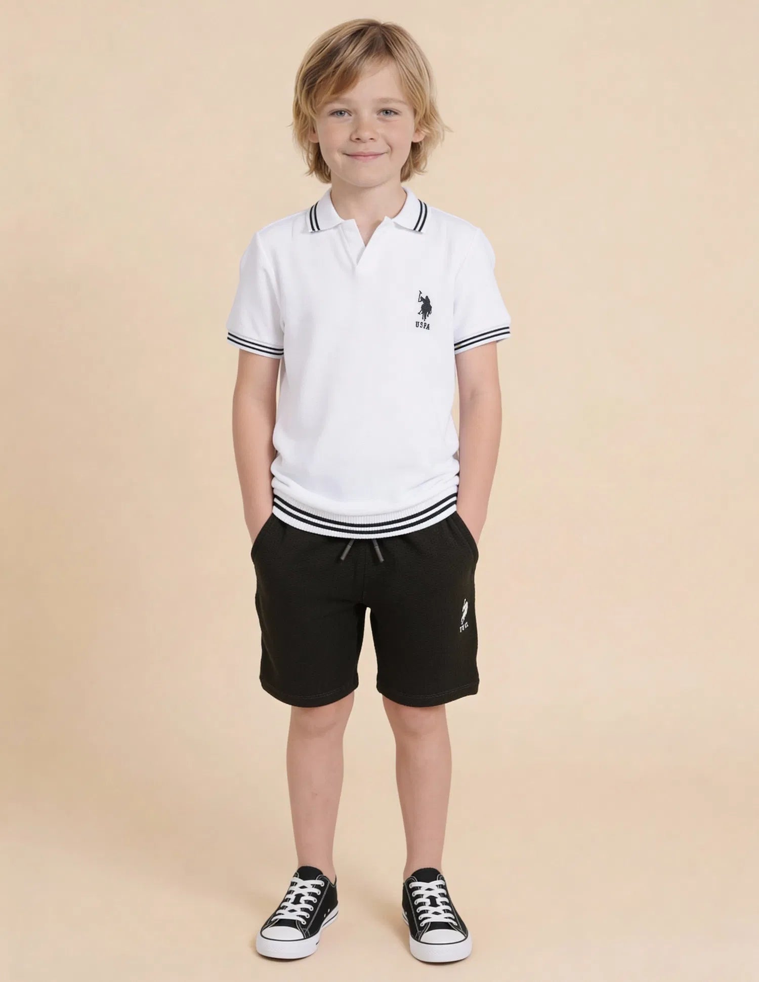 Boys White Cotton Logo Print Regular Fit Polo Shirt