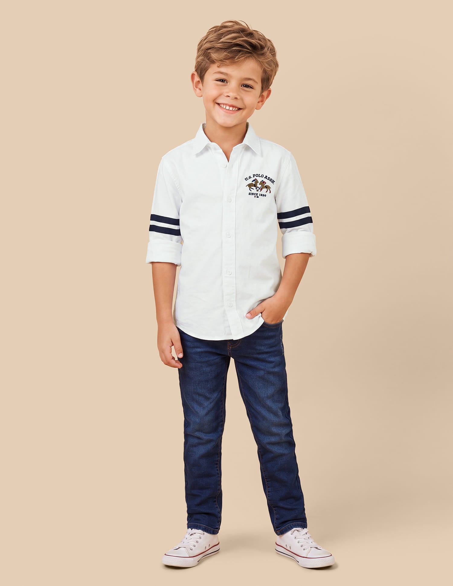 Boys White Cotton Regular Fit Shirt with Stripe Detail
