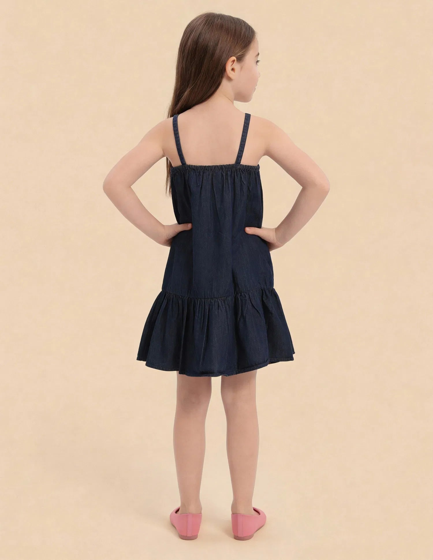 Girls Dark Blue Cotton Denim A-Line Strappy Dress
