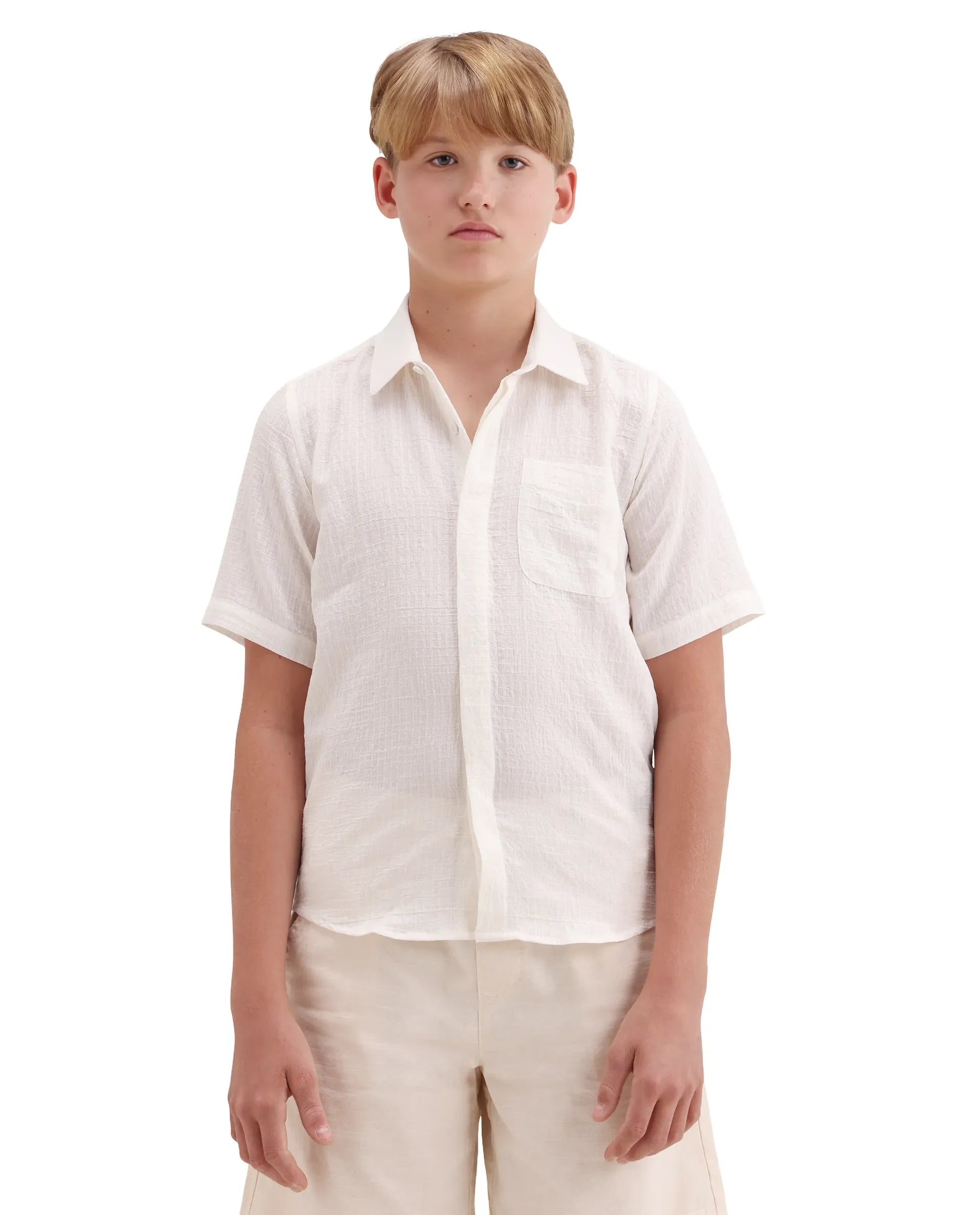 Boys Off White Viscose Blend Regular Fit Shirt