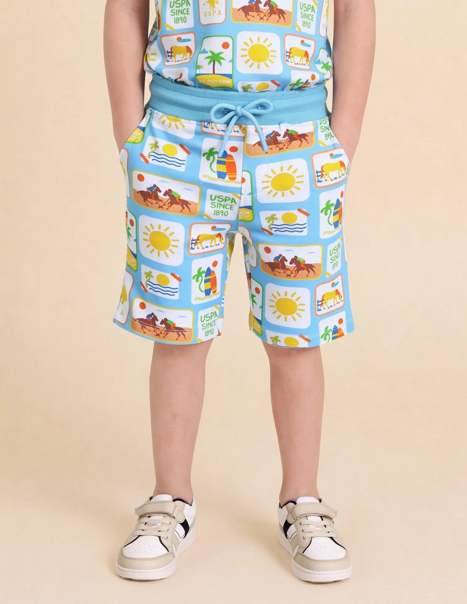 Boys Light Blue Graphic Printed Cotton Shorts Regular Fit