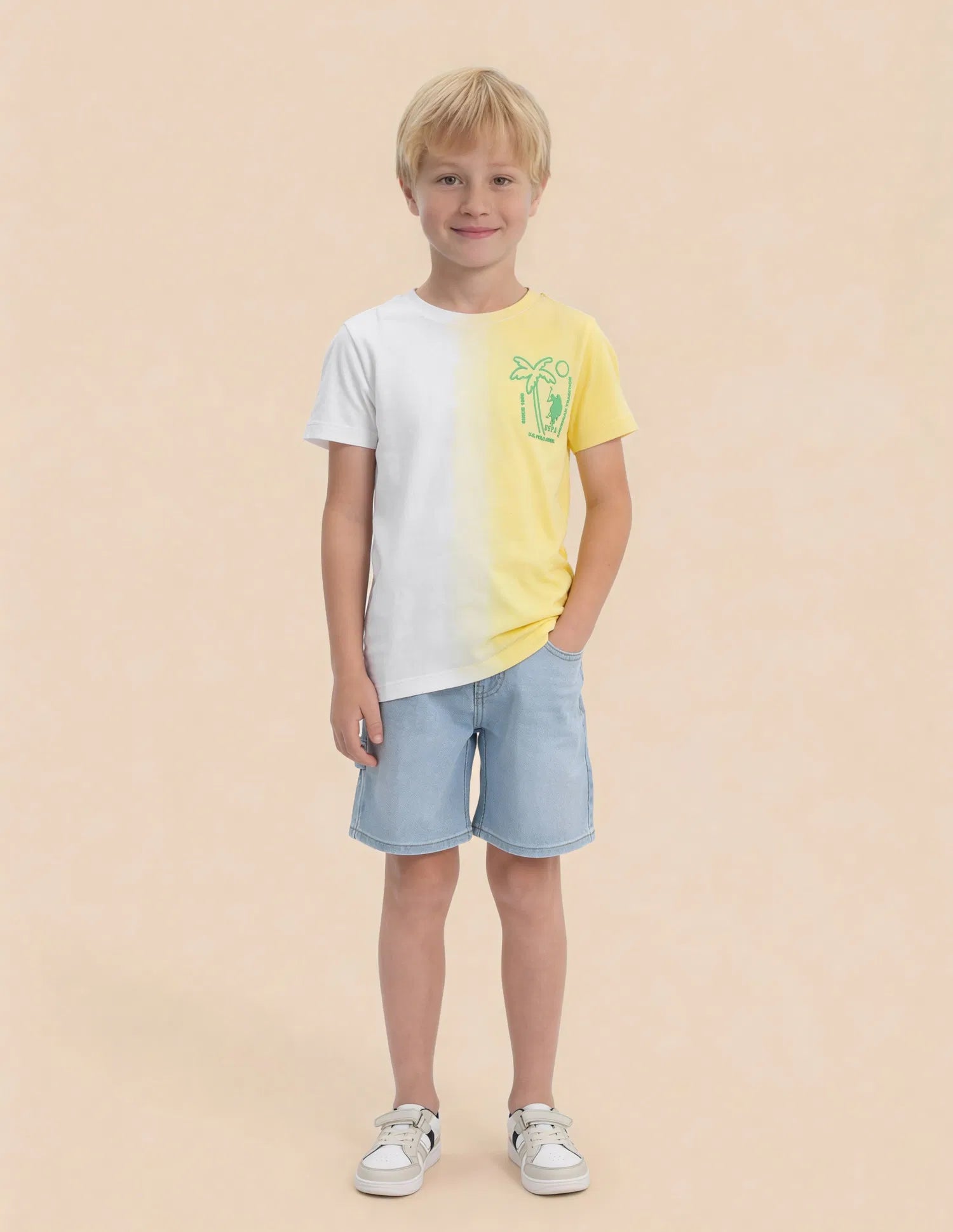 Boys Yellow Cotton Ombre Graphic Regular Fit T-Shirt