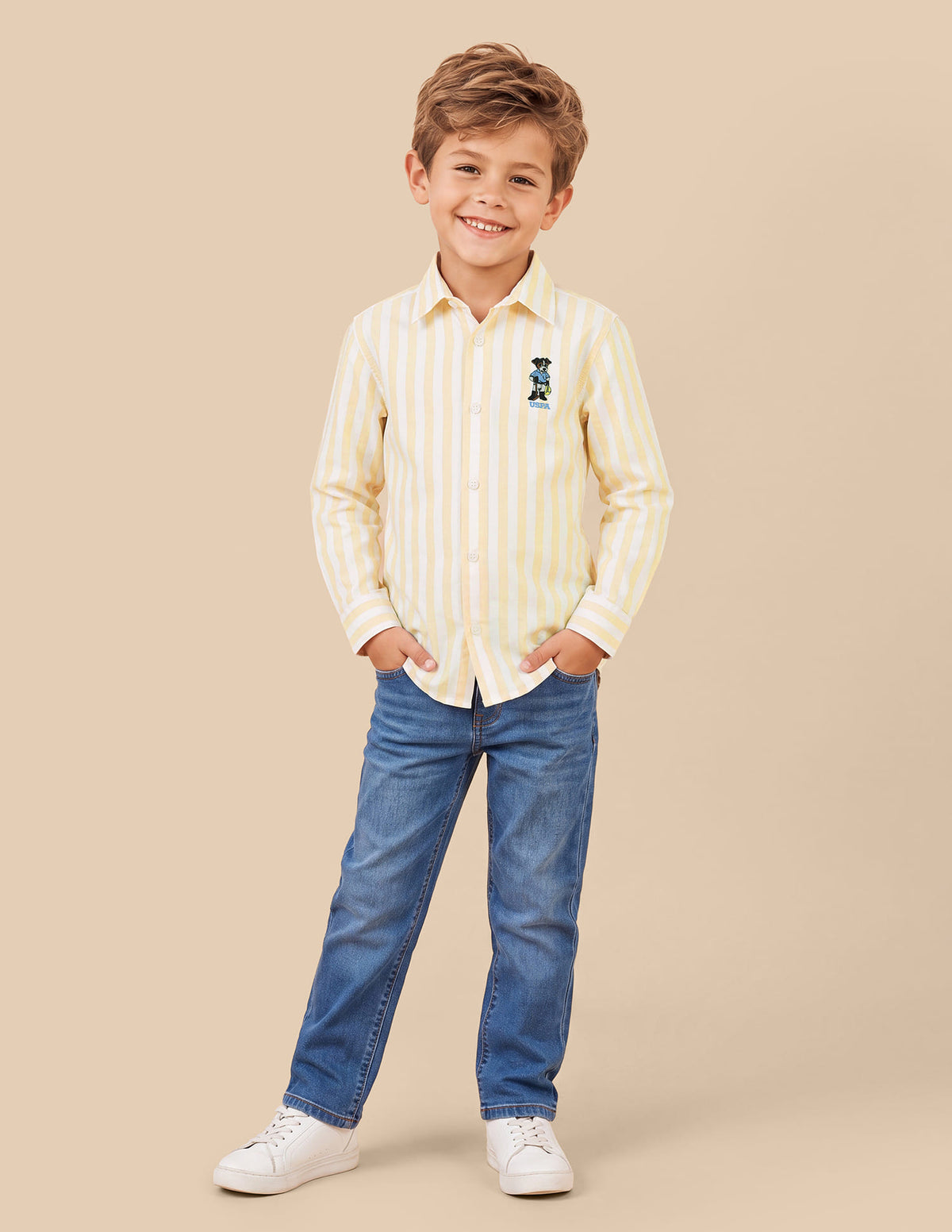 Boys Yellow Cotton Vertical Striped Oxford Shirt