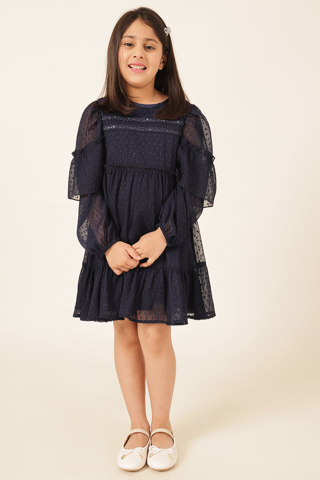 Girls Navy Blue Swiss Dot Formal Dress