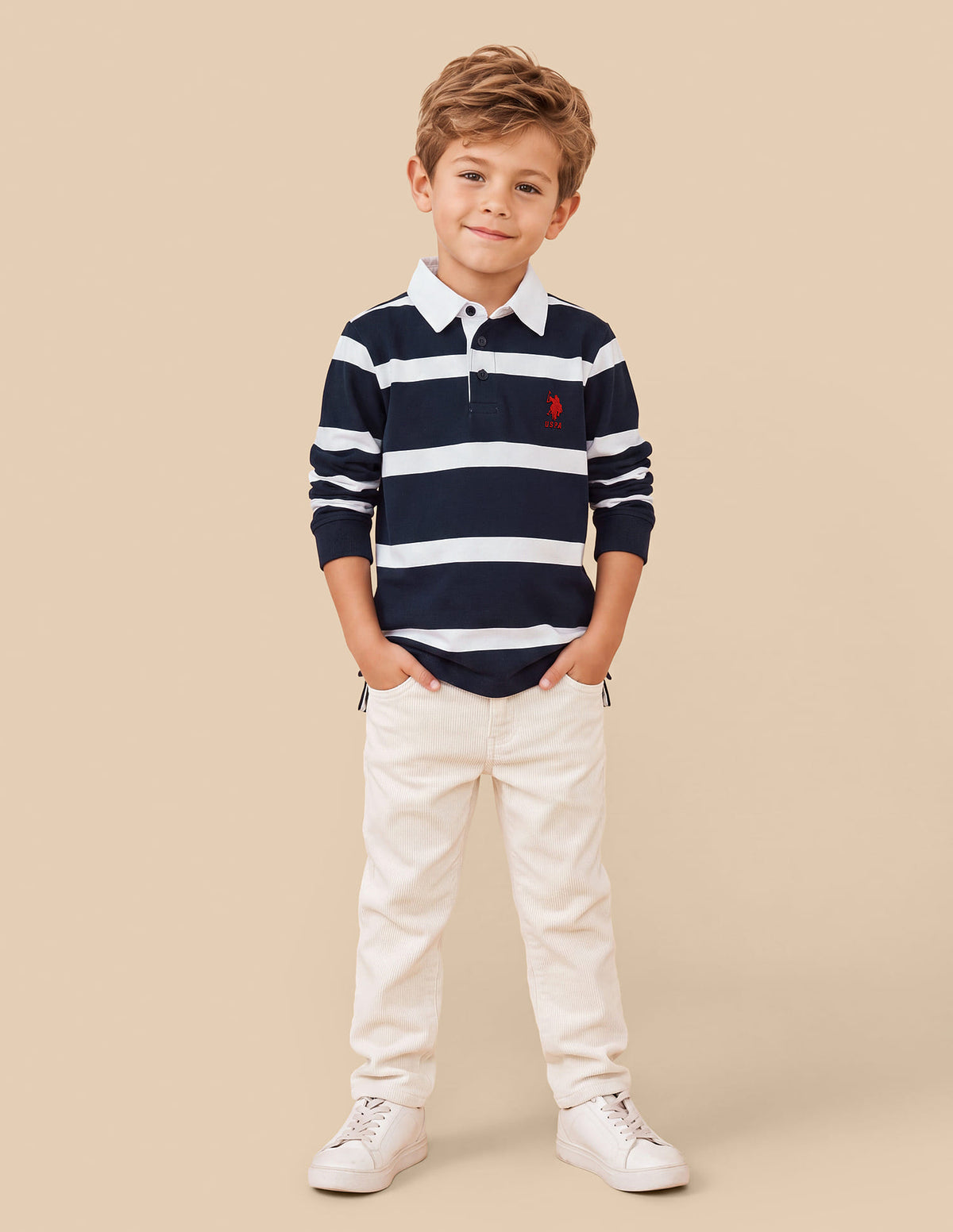 Boys Navy Cotton Horizontal Striped Regular Fit Polo Shirt