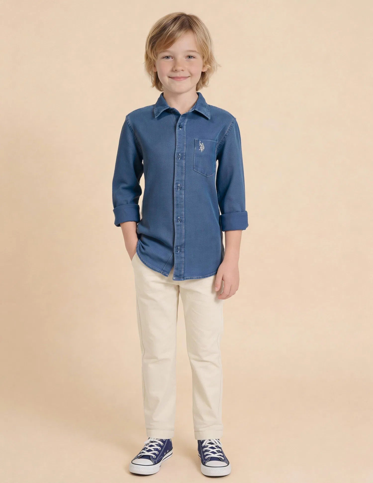 Boys Indigo Cotton Solid Dobby Shirt Regular Fit