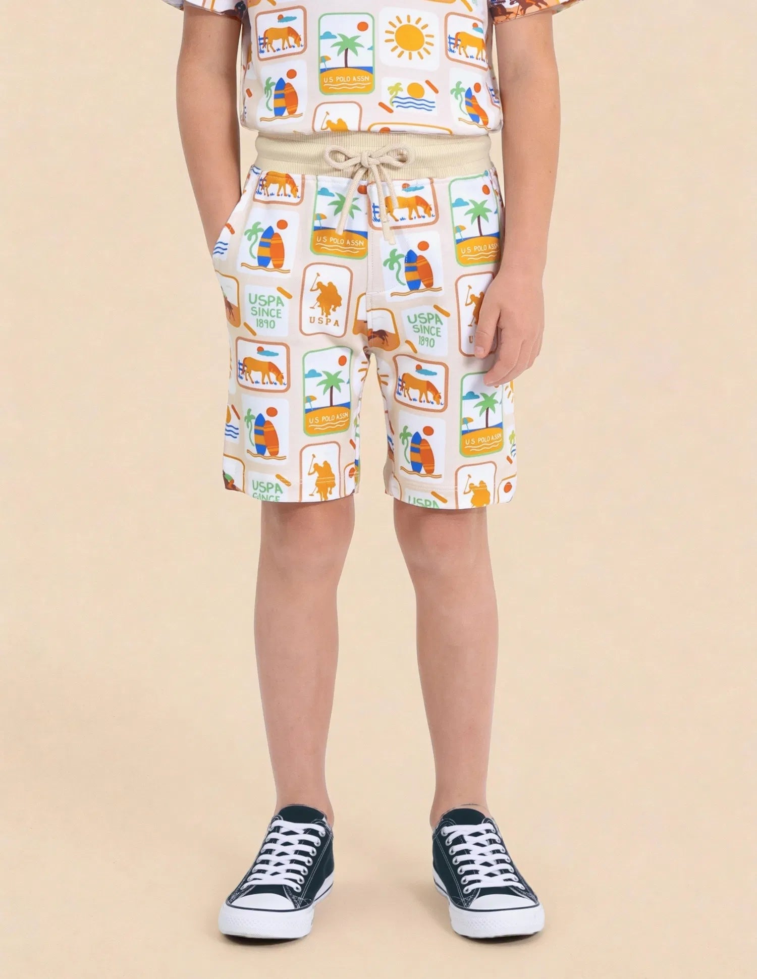Boys Beige Graphic Printed Cotton Shorts Regular Fit