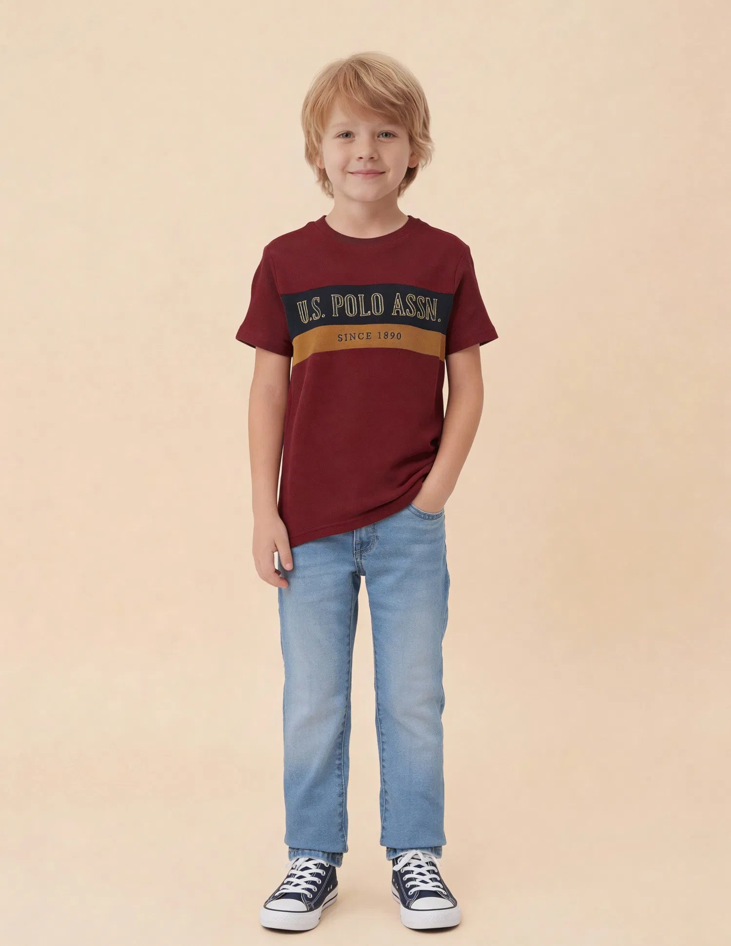 Boys Dark Red Cotton Colour Block Logo T-Shirt
