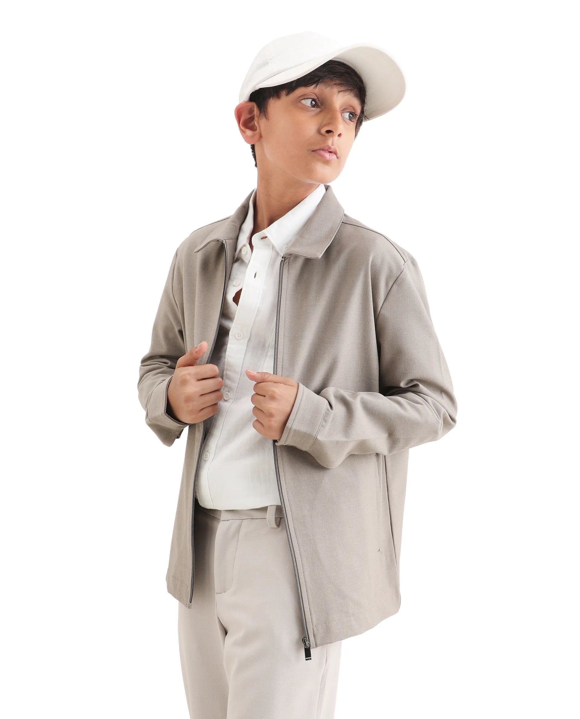 Boys Beige Polyester Blend Zipper Shacket