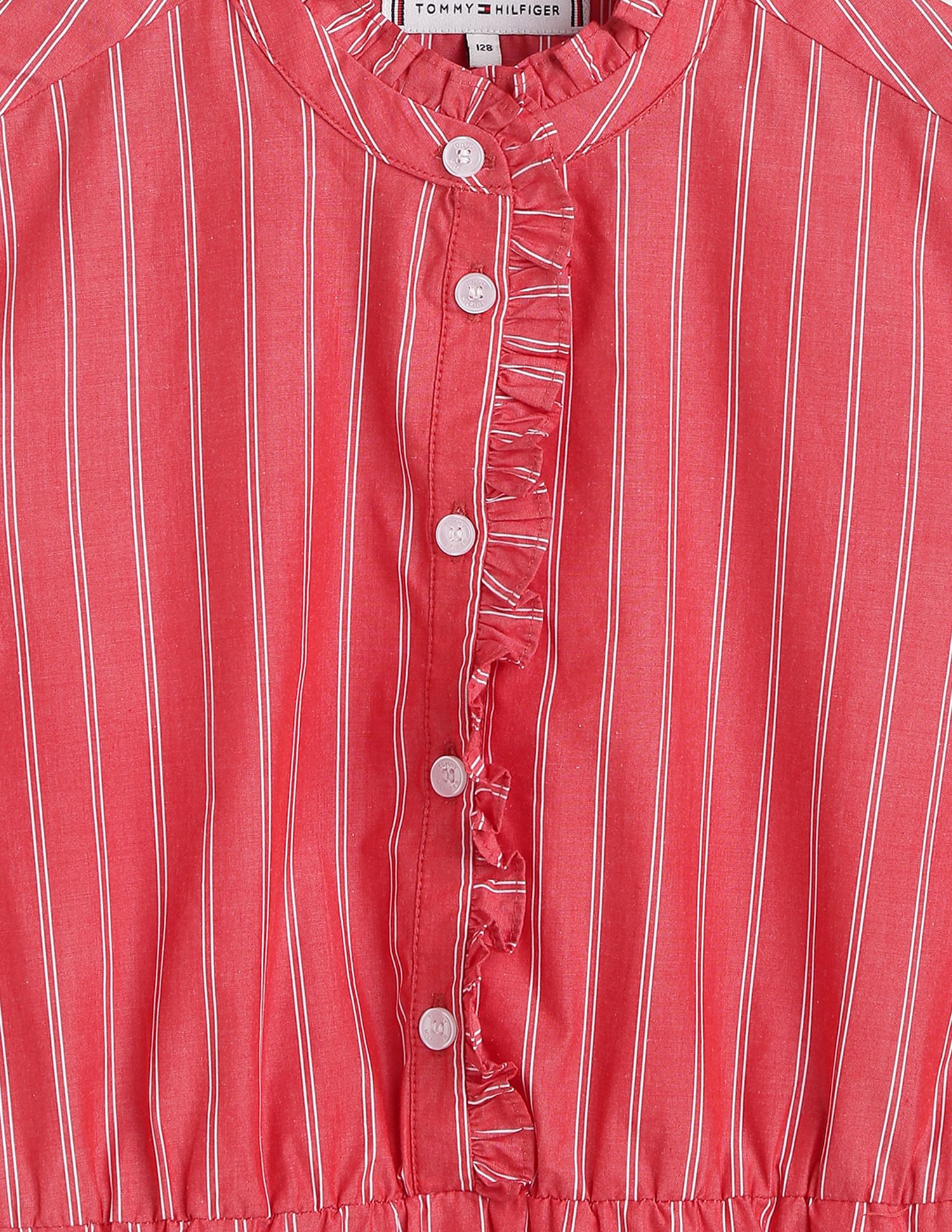Girls Red Striped Cotton Casual Knee-Length Dress