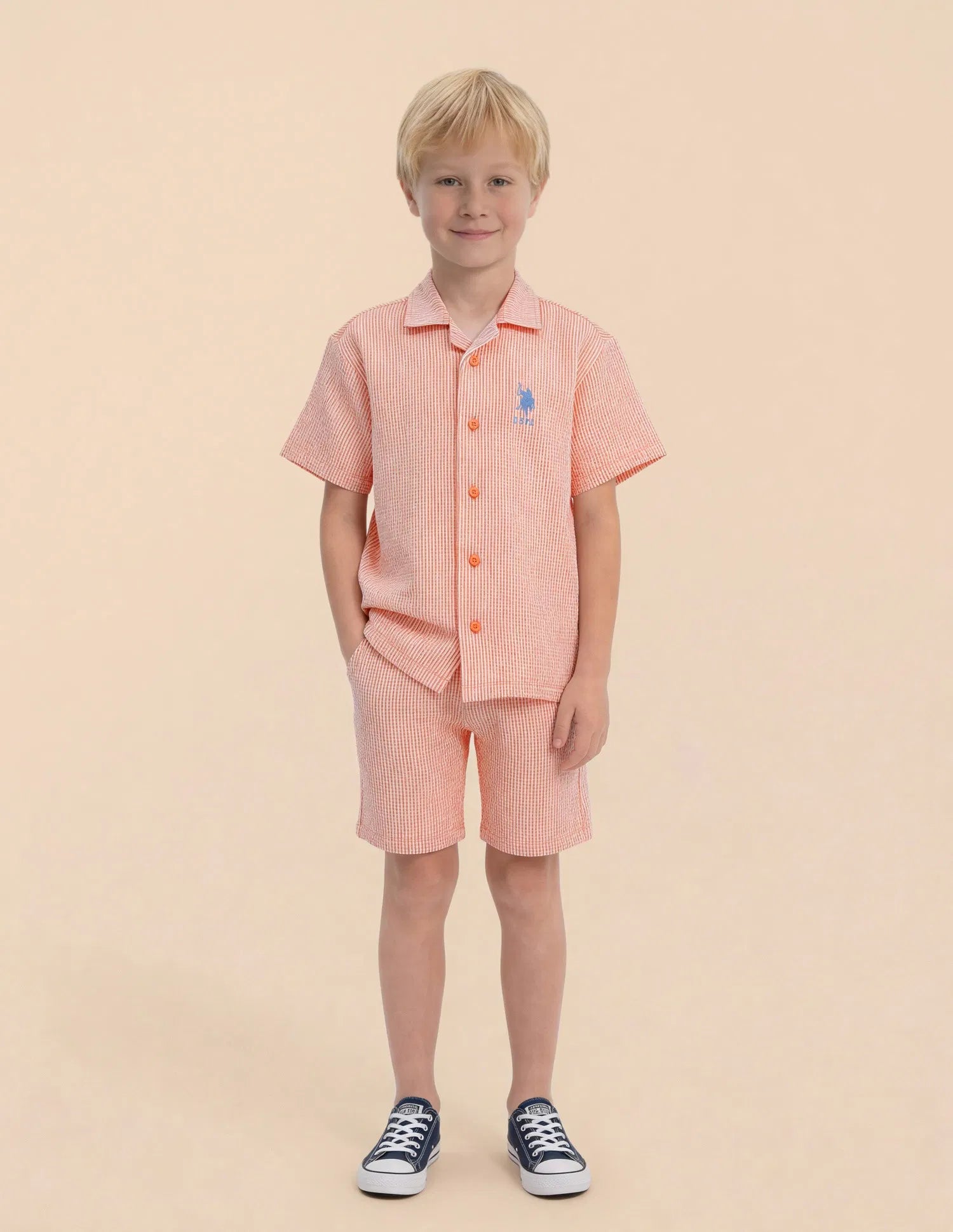 Boys Orange Vertical Striped Seersucker Shirt – Regular Fit