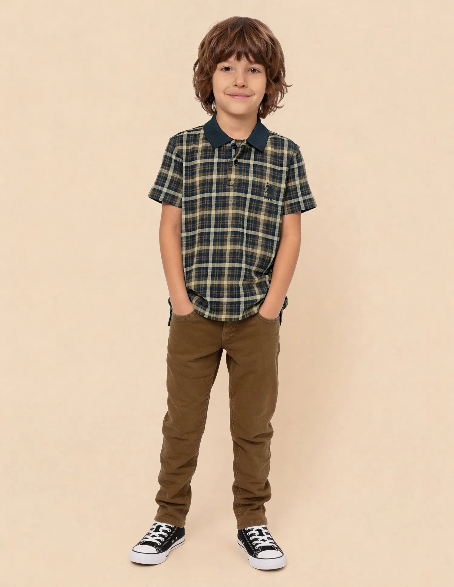 Boys Navy Cotton Checked Regular Fit Polo Shirt