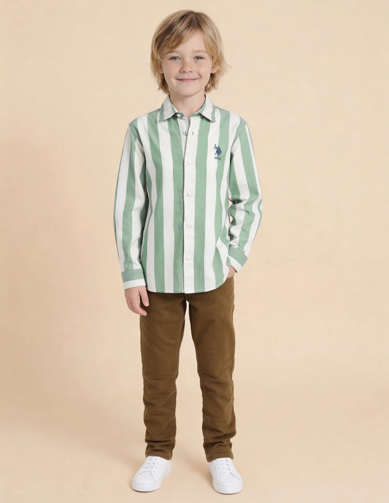 Boys Green Vertical Striped Cotton Twill Shirt – Regular Fit