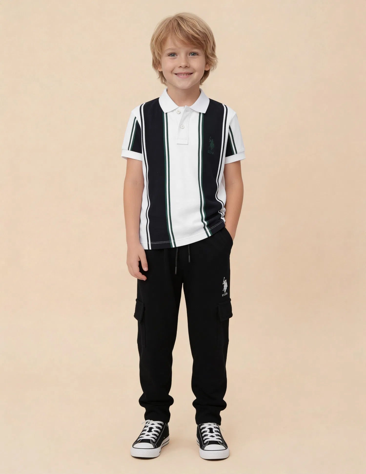 Boys White Cotton Vertical Striped Regular Fit Polo Shirt