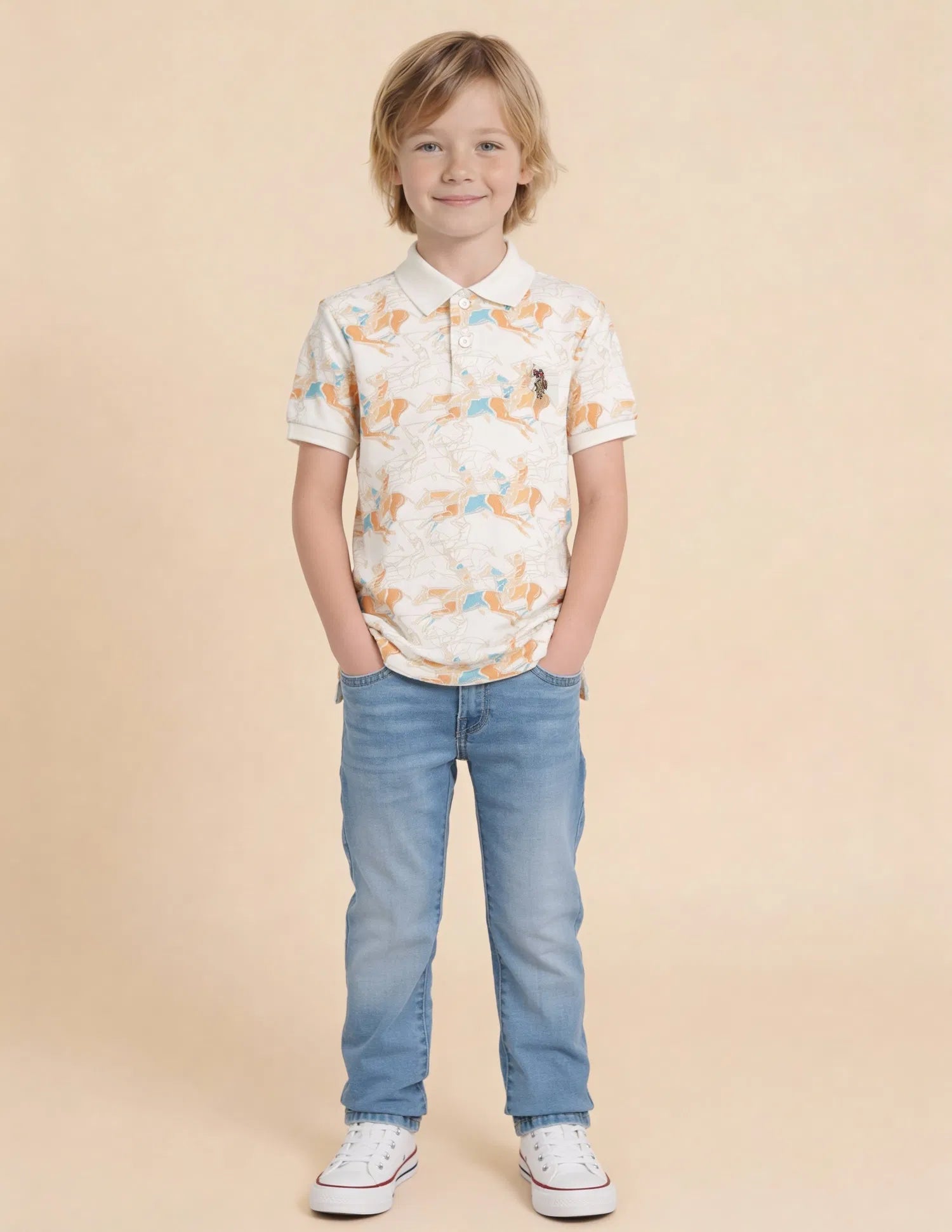 Boys Off White Cotton Graphic Print Regular Fit Polo Shirt