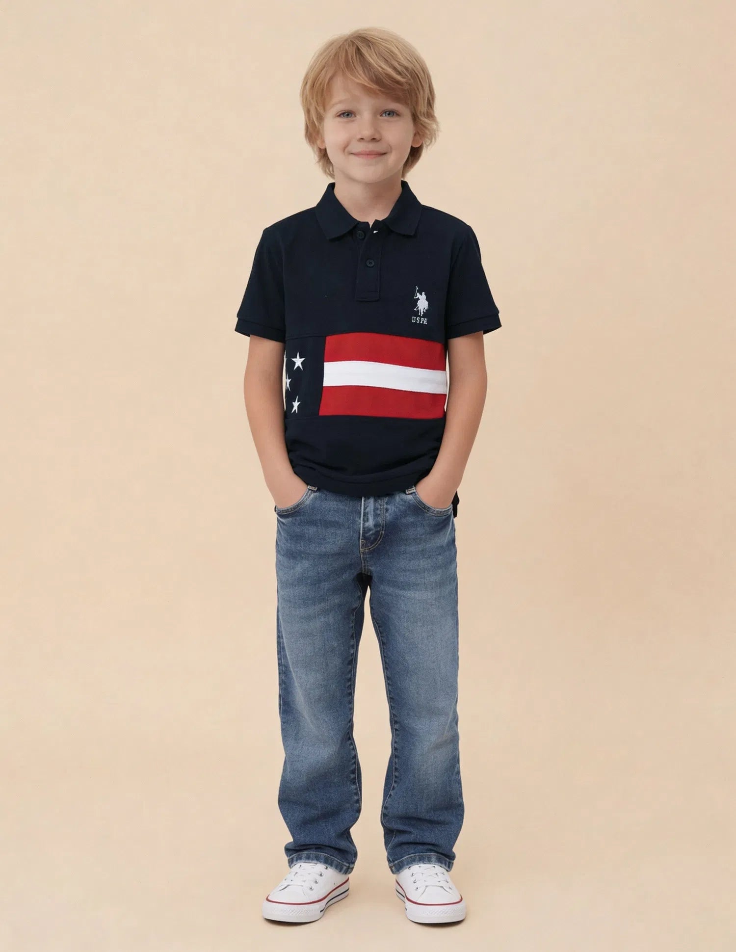 Boys Navy Cotton Graphic Print Regular Fit Polo Shirt