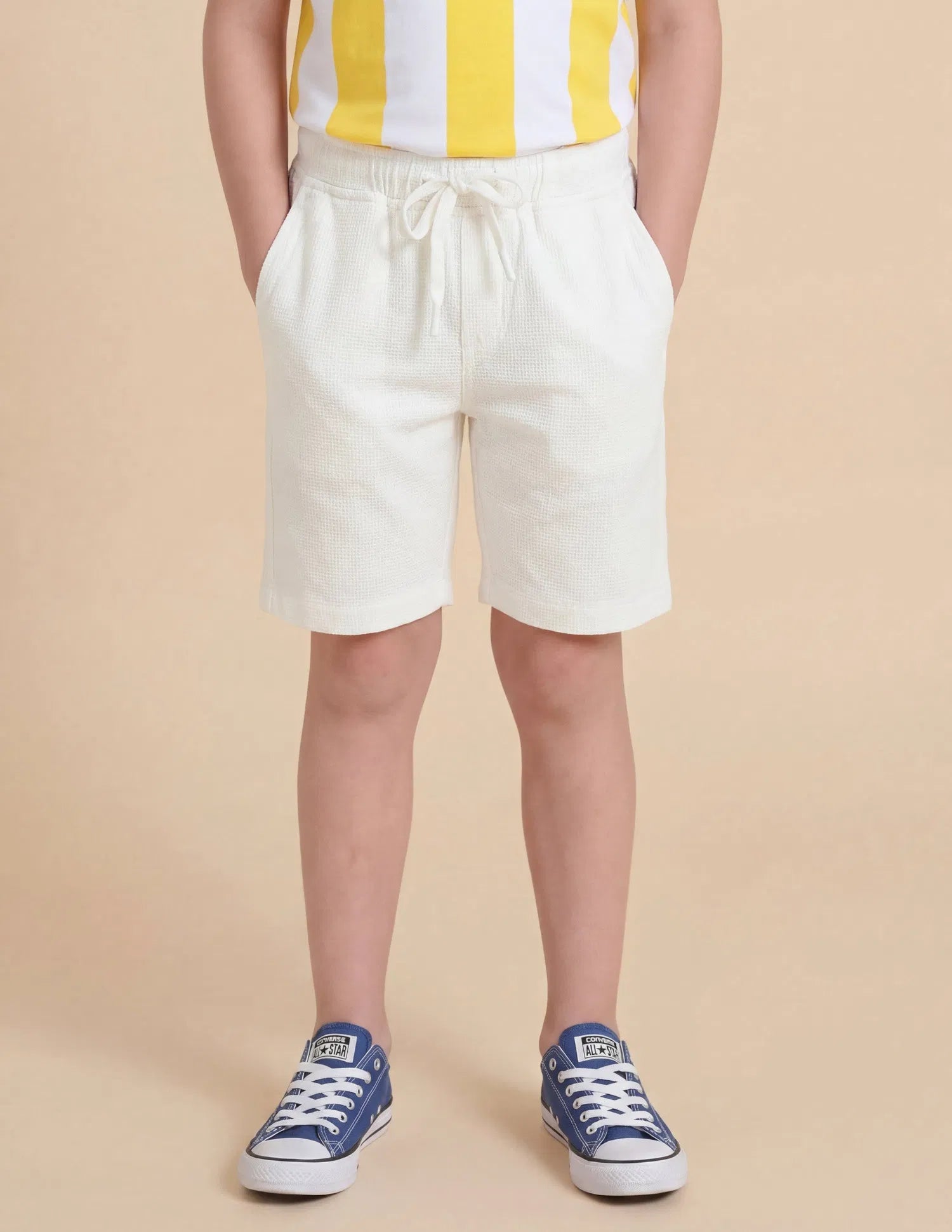 Boys White Textured Cotton Shorts Relaxed Fit