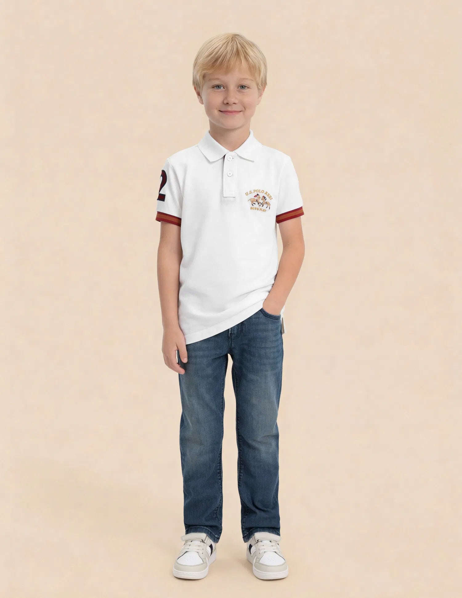 Boys Off White Cotton Polo Shirt Regular Fit