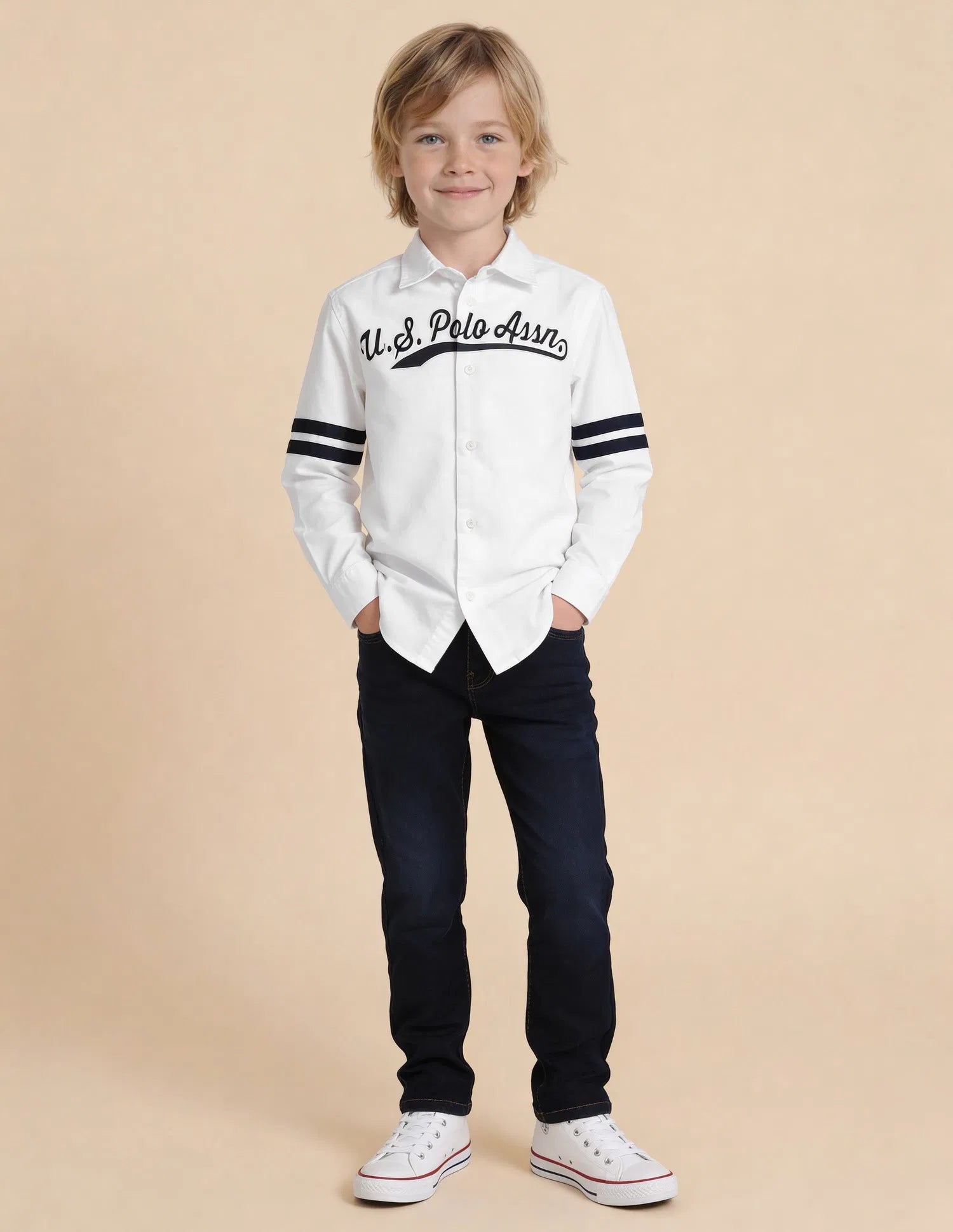 Boys White Logo Printed Cotton Oxford Shirt – Regular Fit