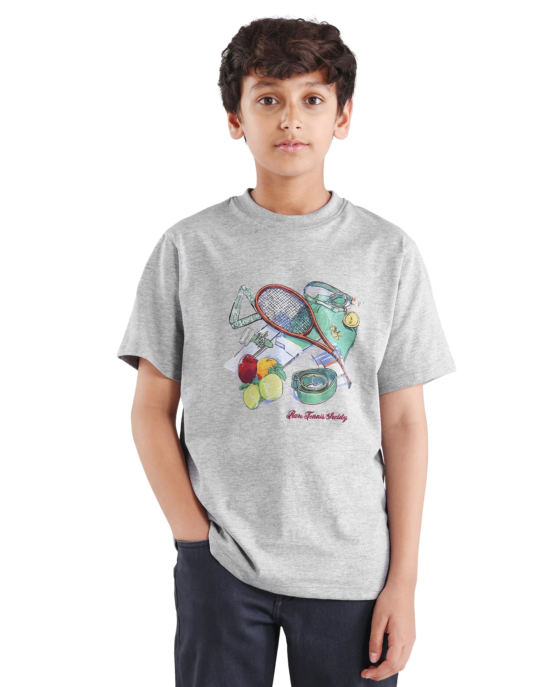 Boys Melange Grey Digital Print Regular Fit T-Shirt