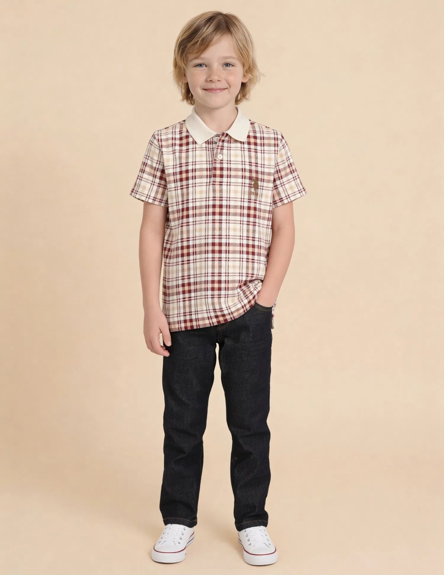 Boys White Cotton Checked Regular Fit Polo Shirt