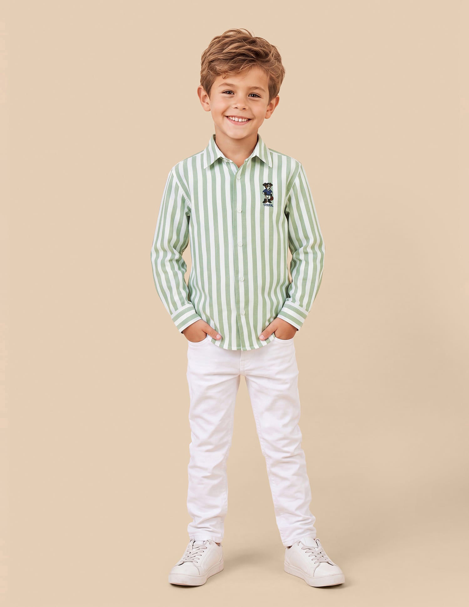 Boys Green Cotton Vertical Striped Oxford Shirt