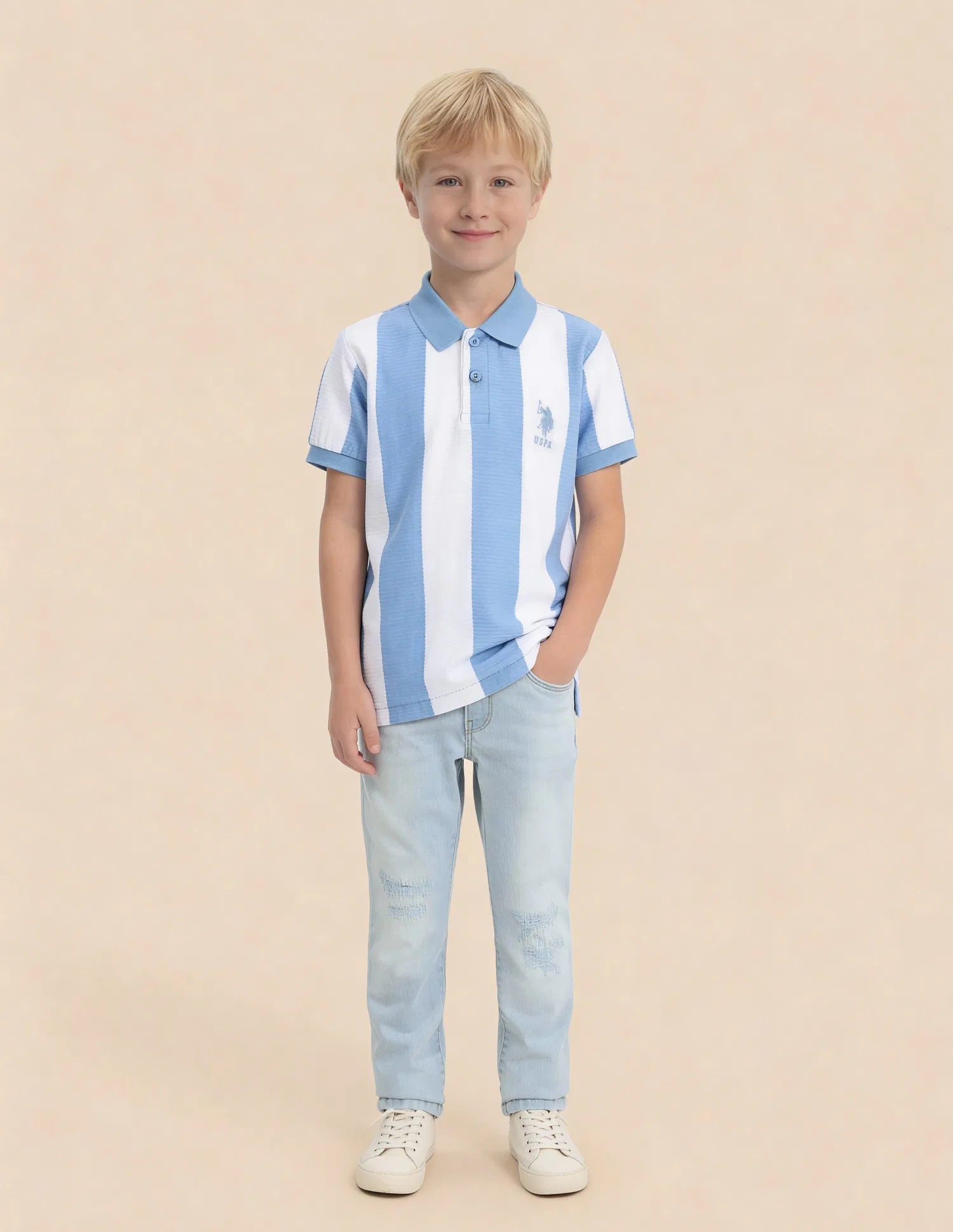Boys Blue Cotton Vertical Striped Regular Fit Polo Shirt