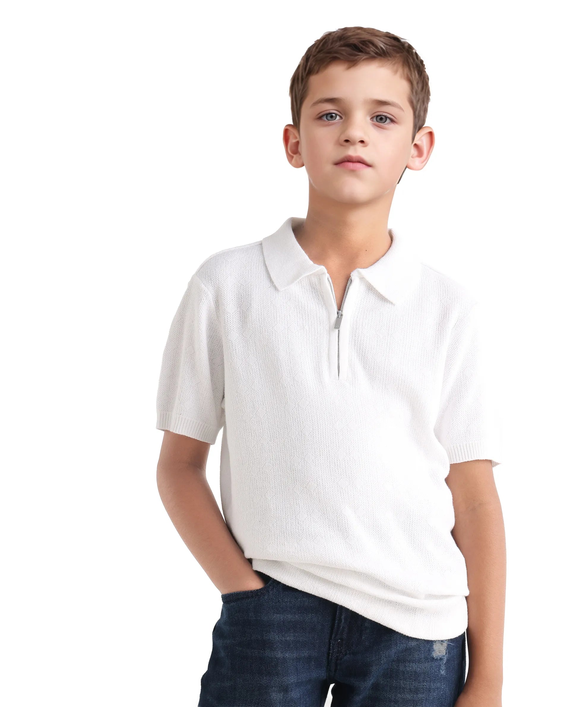 Boys Off White Jacquard Zipper Polo Shirt
