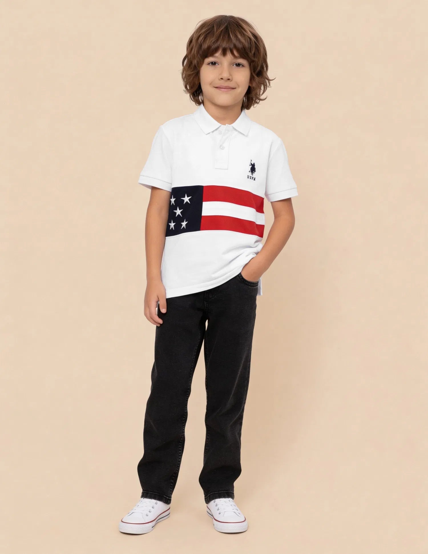 Boys White Cotton Graphic Print Regular Fit Polo Shirt