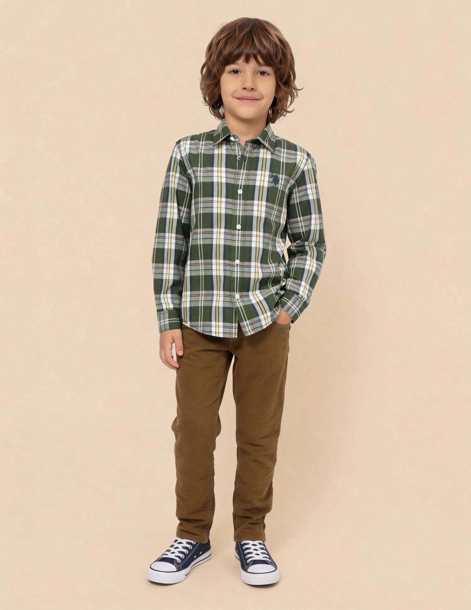 Boys Olive Plaid Checked Cotton Twill Shirt – Regular Fit