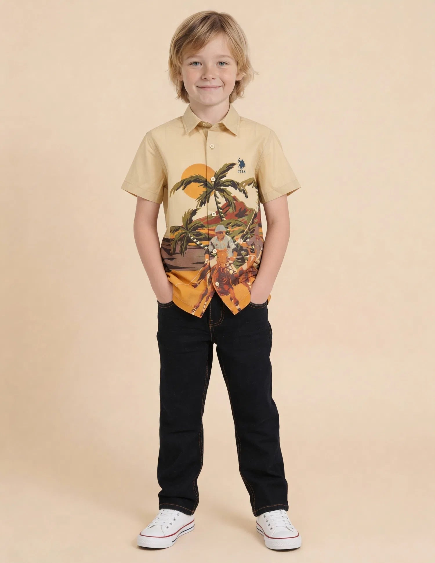Boys Beige Graphic Printed Cotton Shirt – Regular Fit