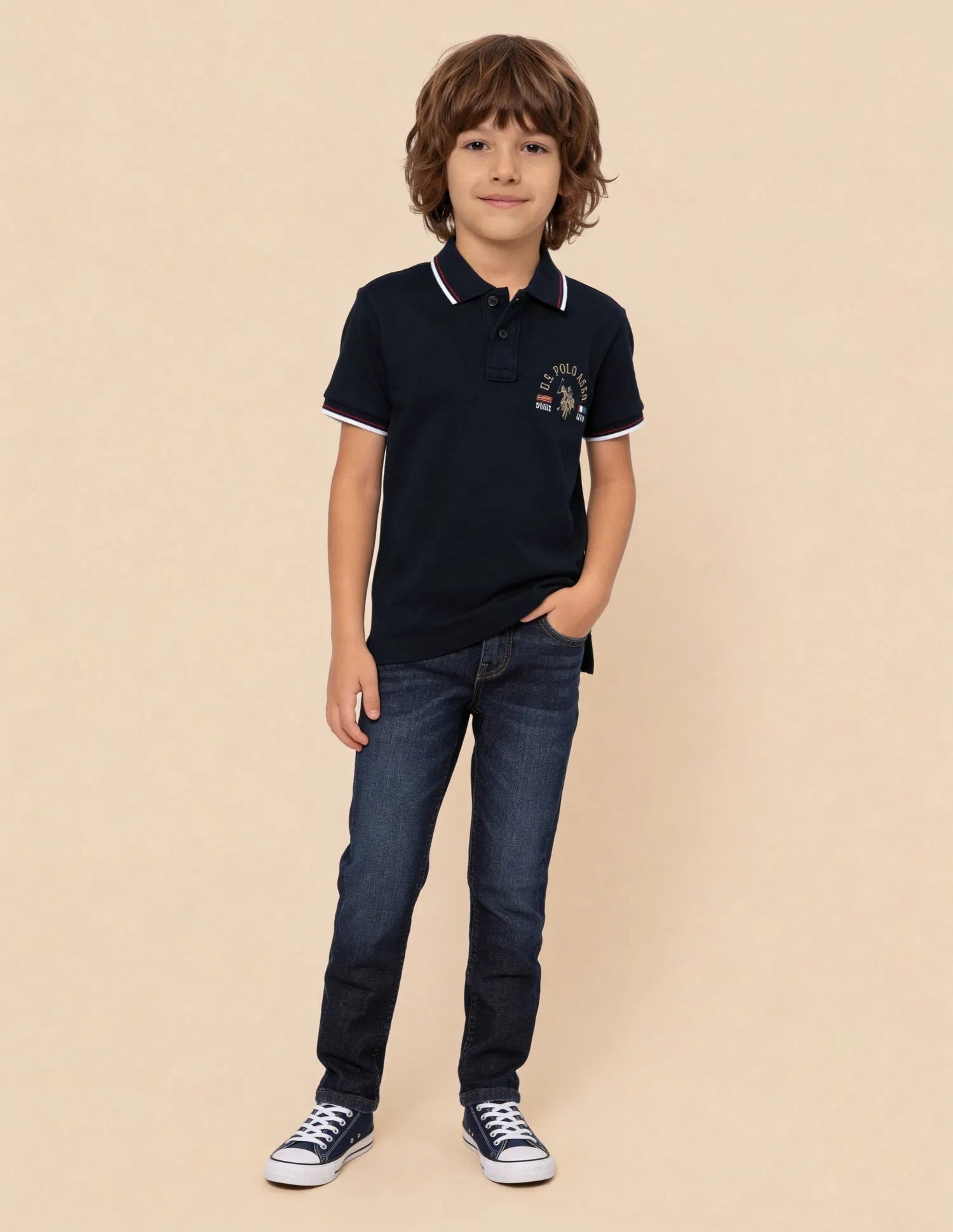 Boys Navy Cotton Graphic Print Regular Fit Polo Shirt