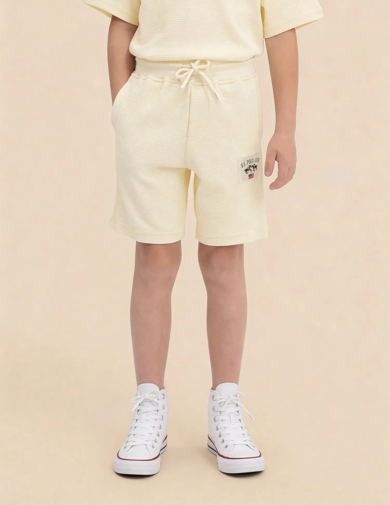 Boys Off White Textured Cotton Blend Shorts Regular Fit