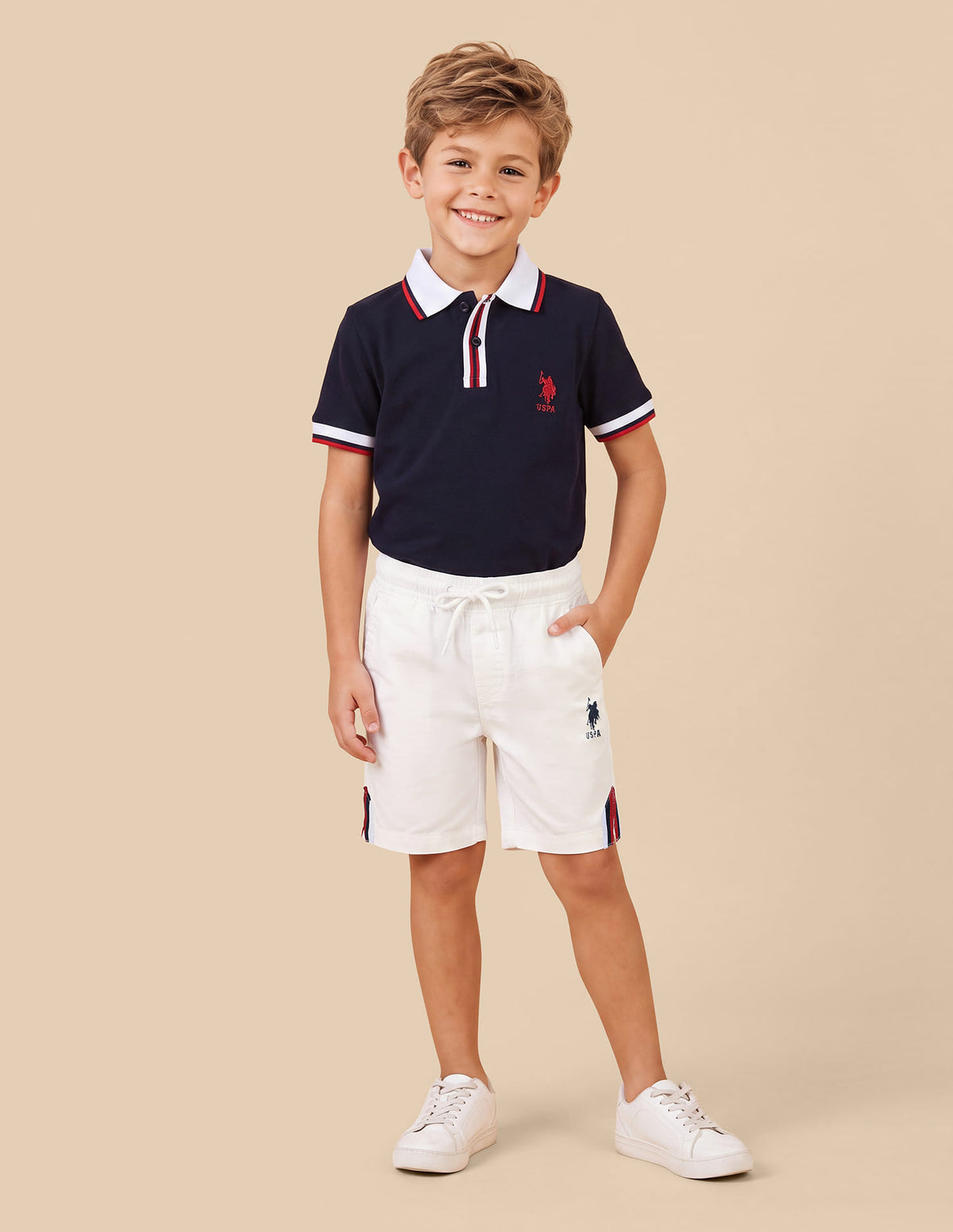 Boys Off White Cotton Blend Mid Rise Shorts
