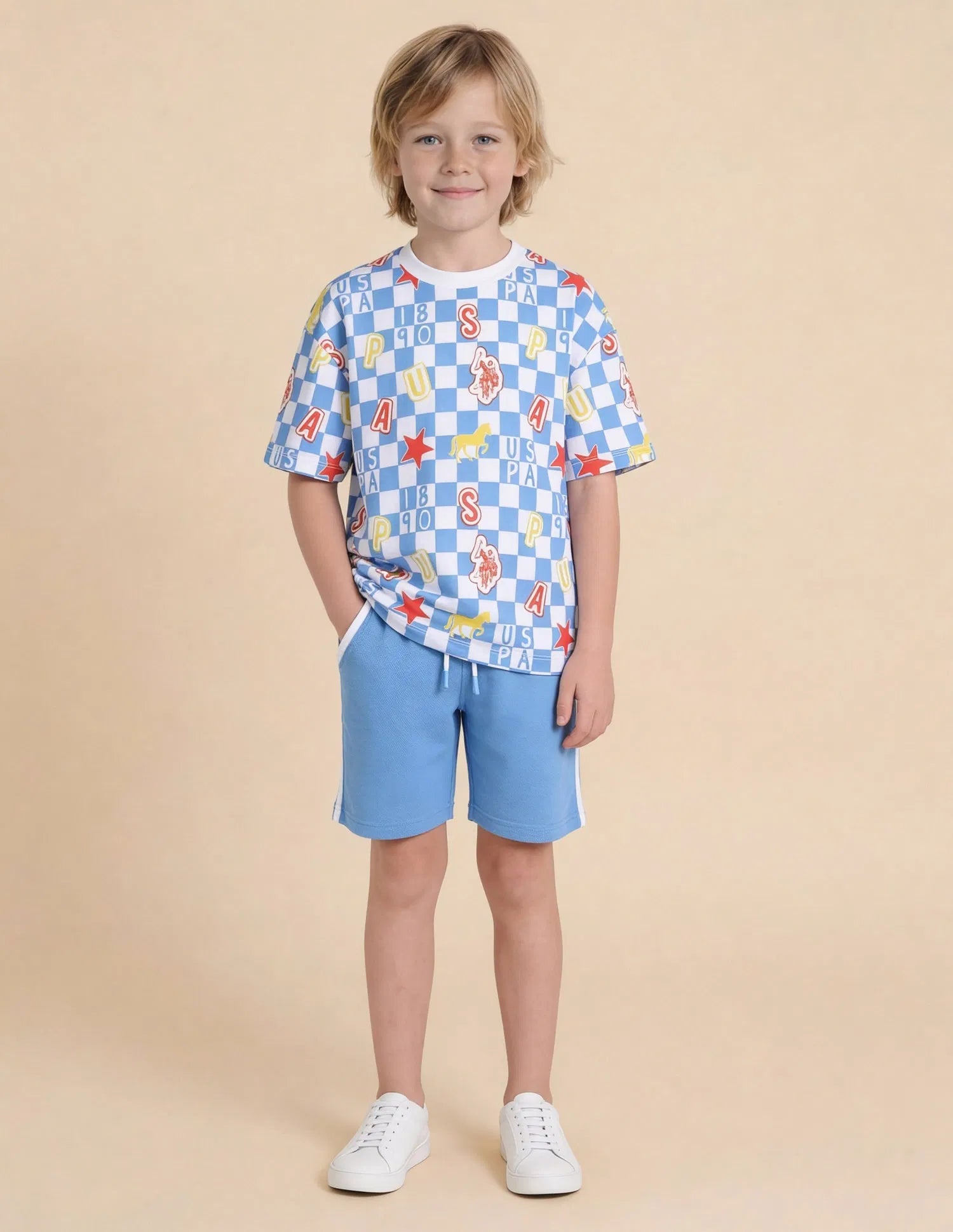 Boys Light Blue Checked Cotton T-Shirt – Oversized Fit
