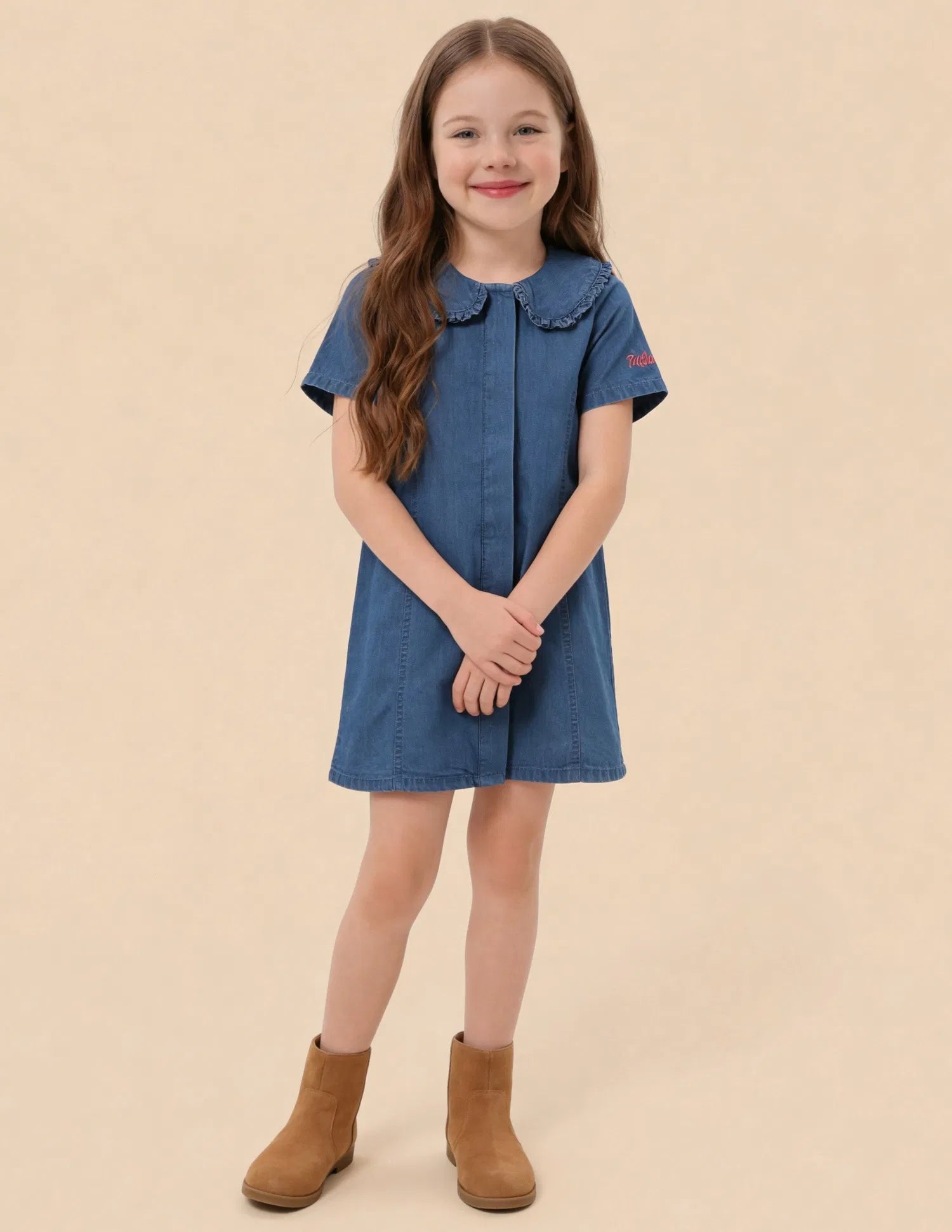 Girls Dark Blue Cotton Solid Denim A-Line Dress