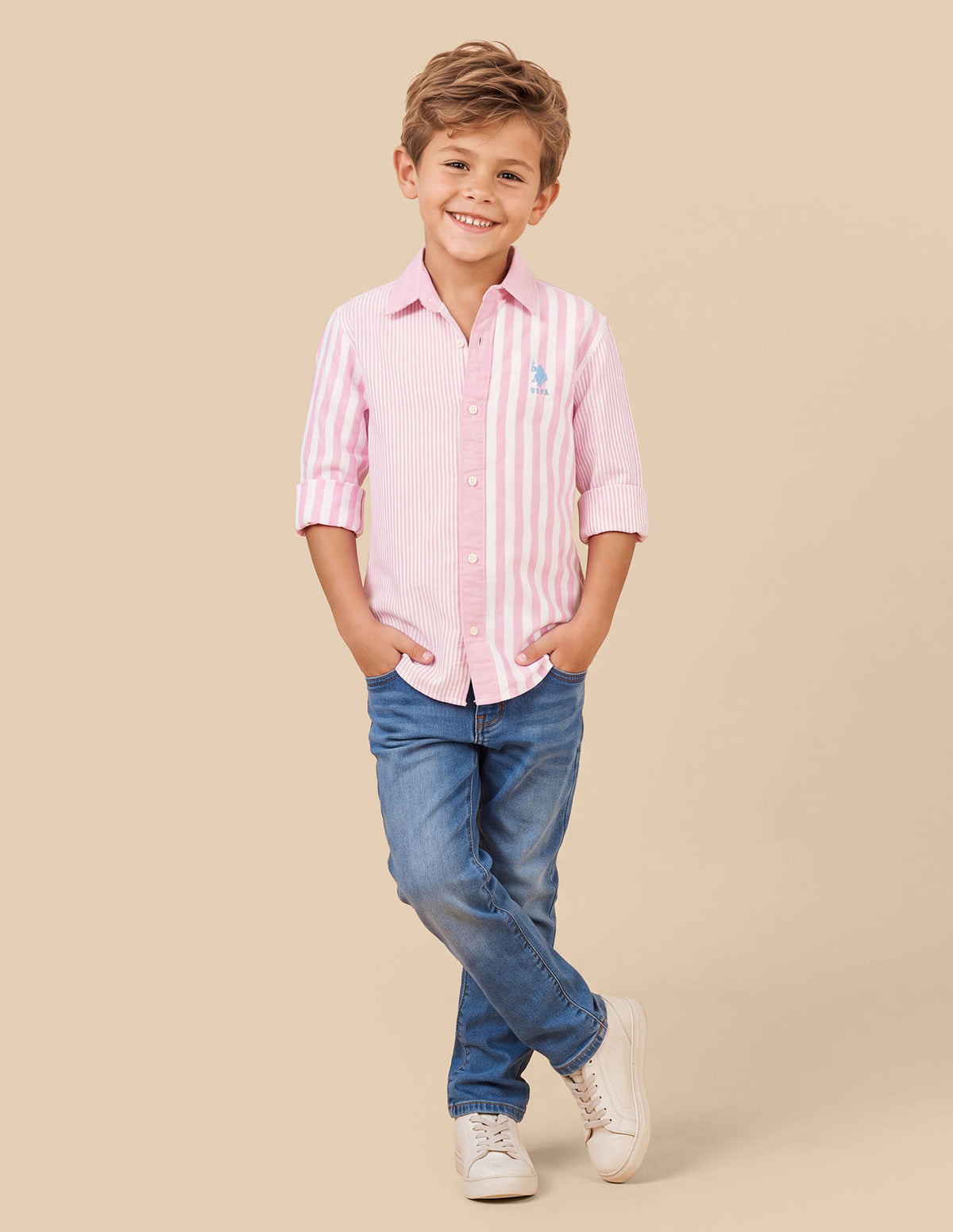 Boys Pink Cotton Vertical Striped Regular Fit Shirt