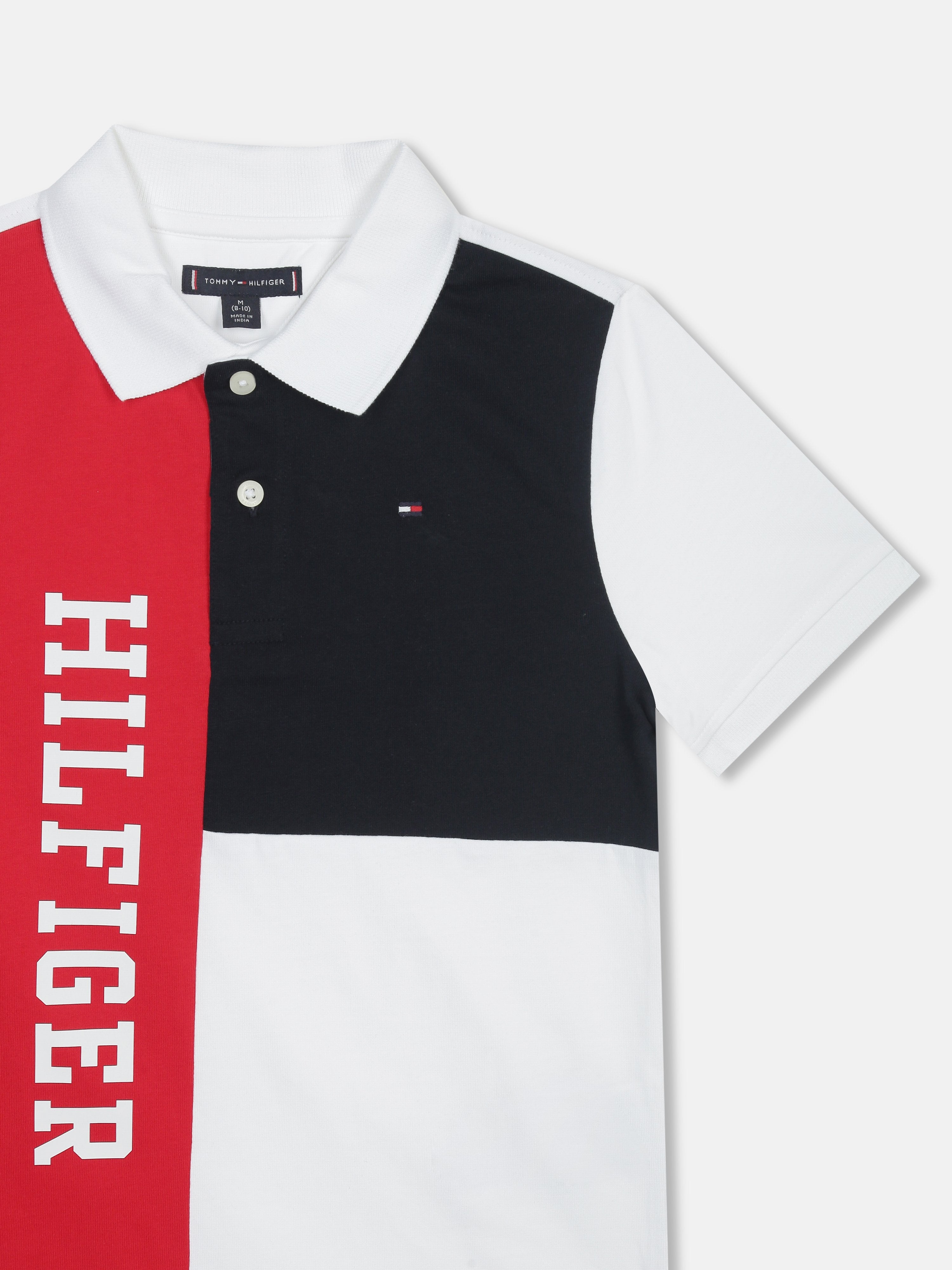 Boys Optic White Colorblock Cotton Polo T-Shirt