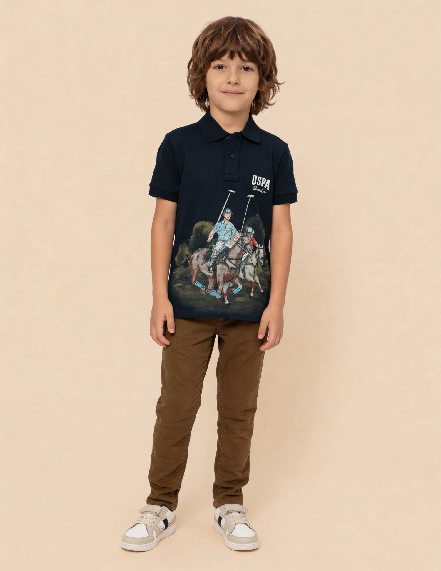 Boys Navy Cotton Graphic Print Regular Fit Polo Shirt