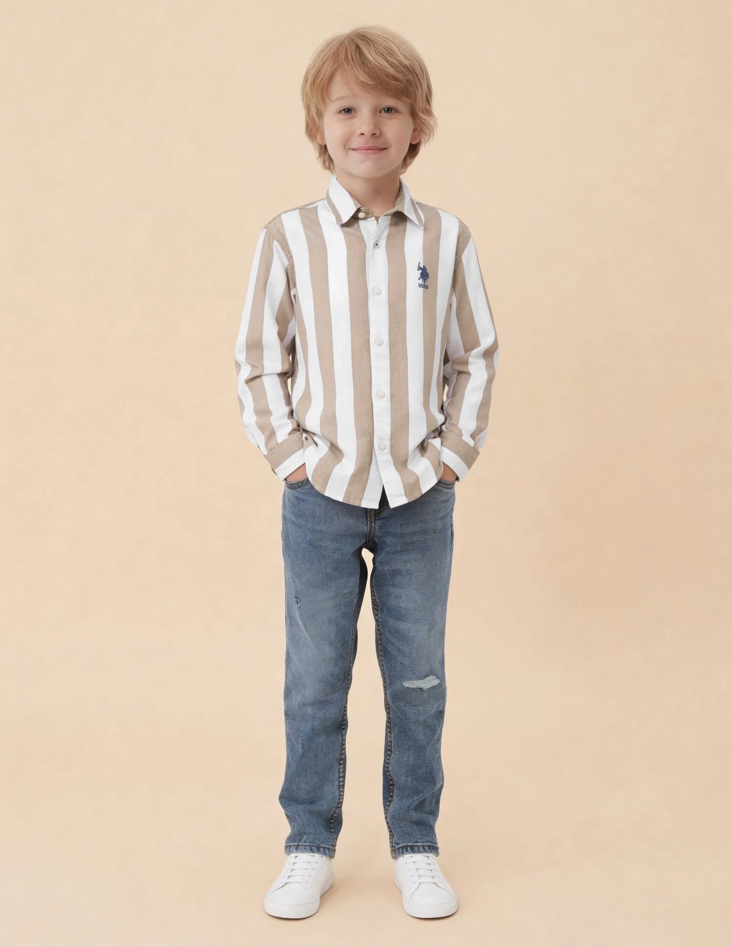 Boys Brown Vertical Striped Cotton Twill Shirt – Regular Fit