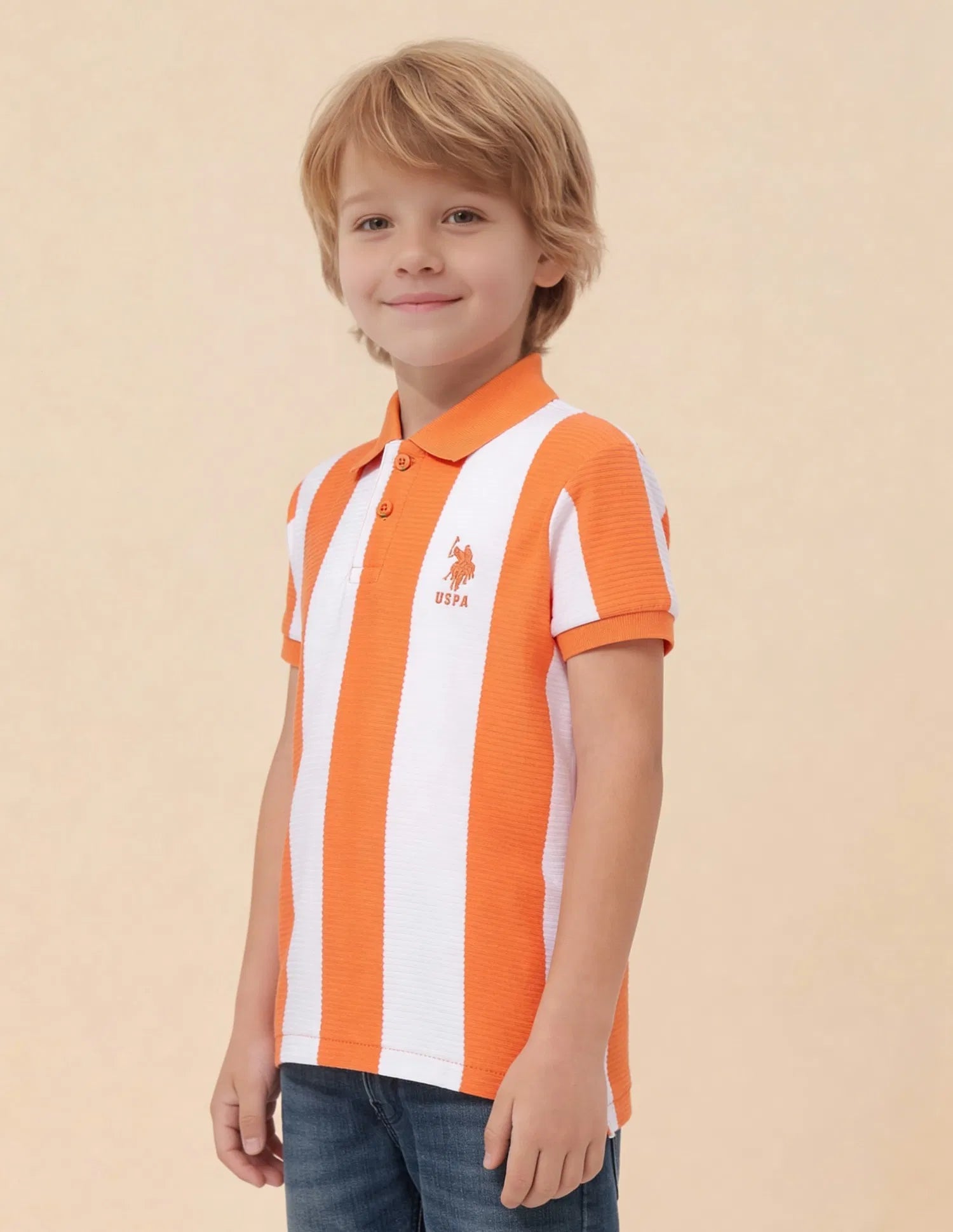 Boys Orange Cotton Blend Vertical Striped Regular Fit Polo Shirt