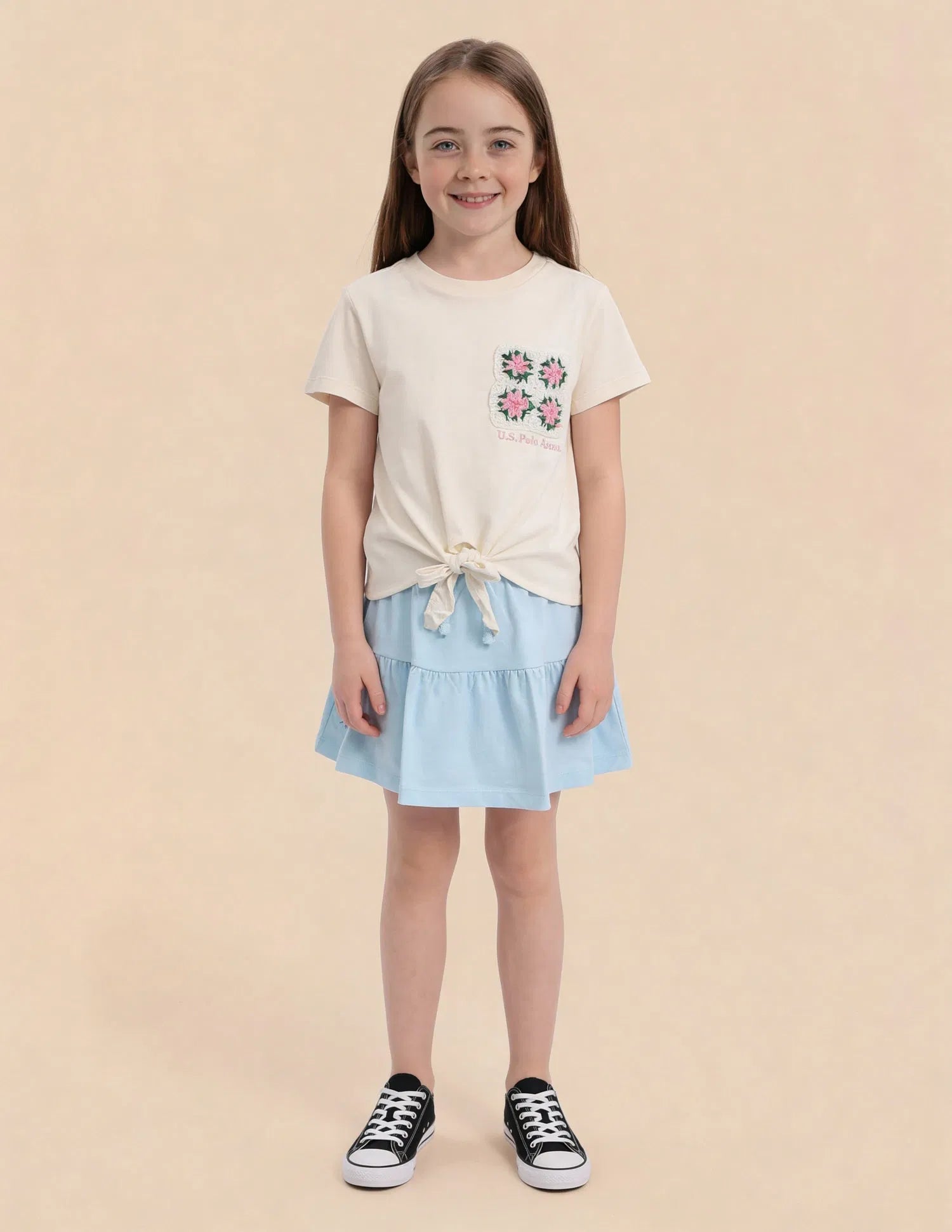Girls Off White Cotton Floral Crochet Knotted Top