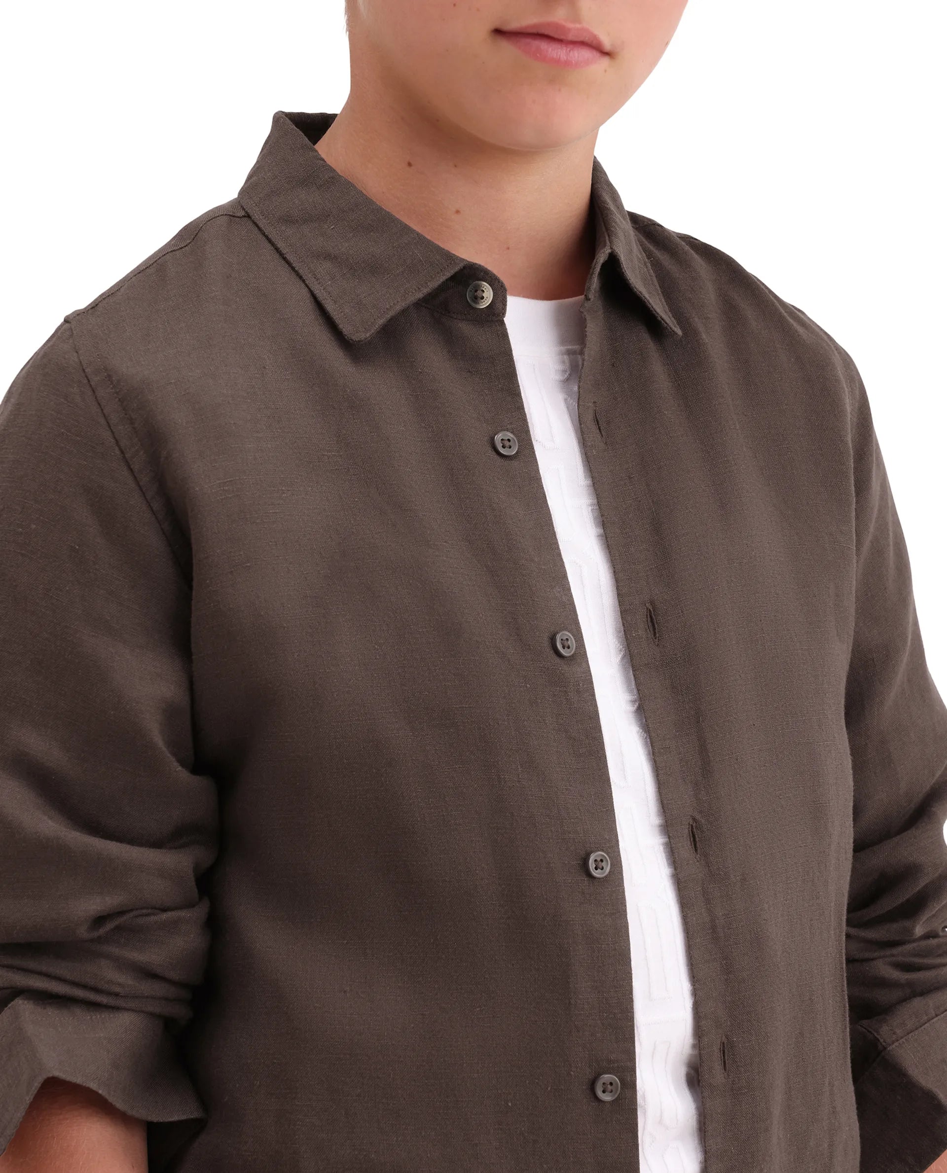 Boys Dark Brown Linen Blend Regular Fit Shirt