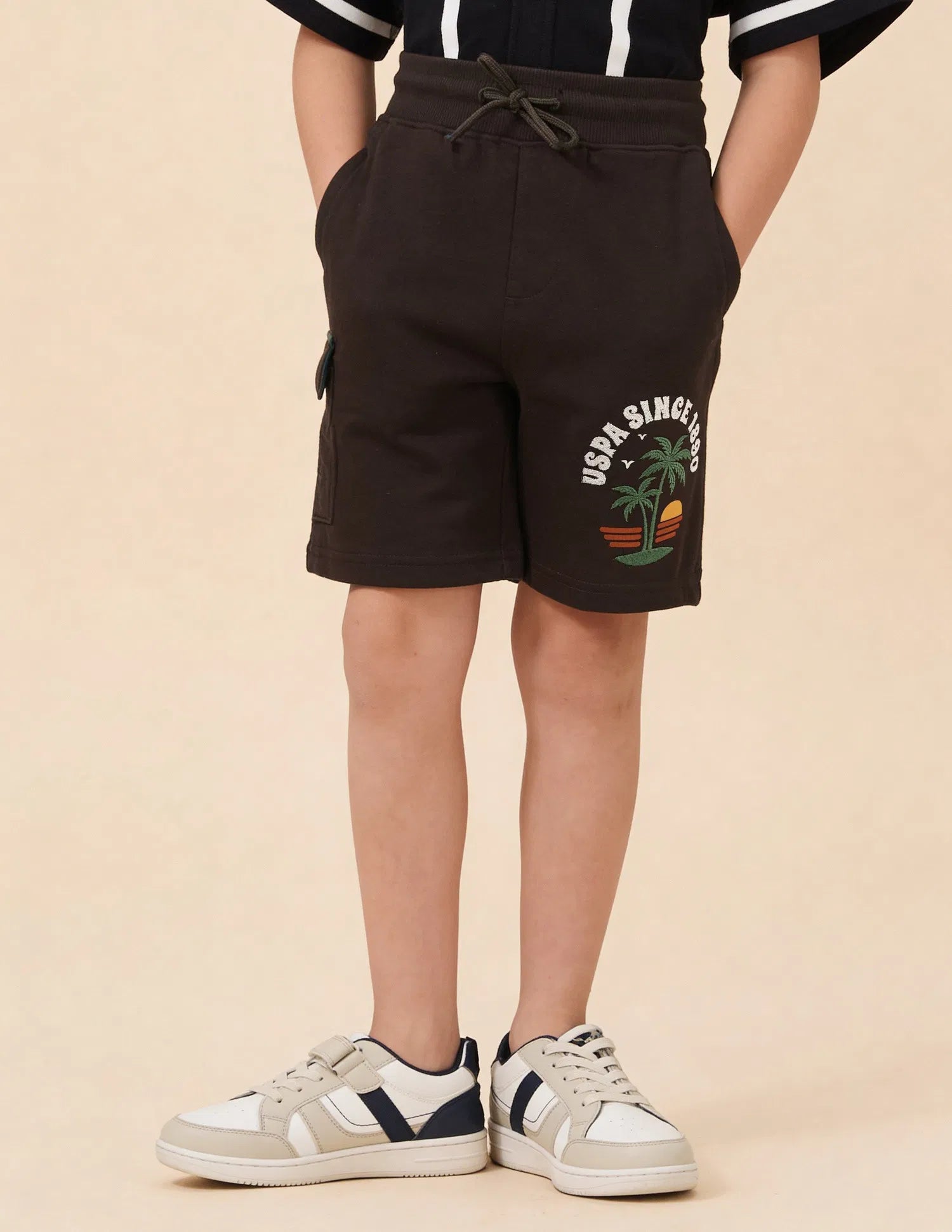 Boys Dark Brown Cotton Logo Printed Shorts Regular Fit