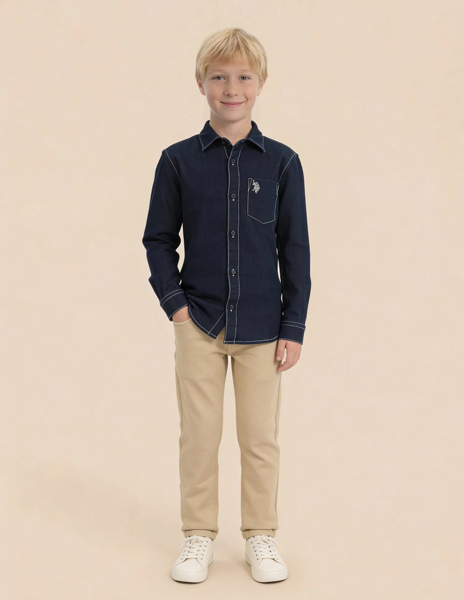 Boys Indigo Cotton Solid Dobby Shirt Regular Fit