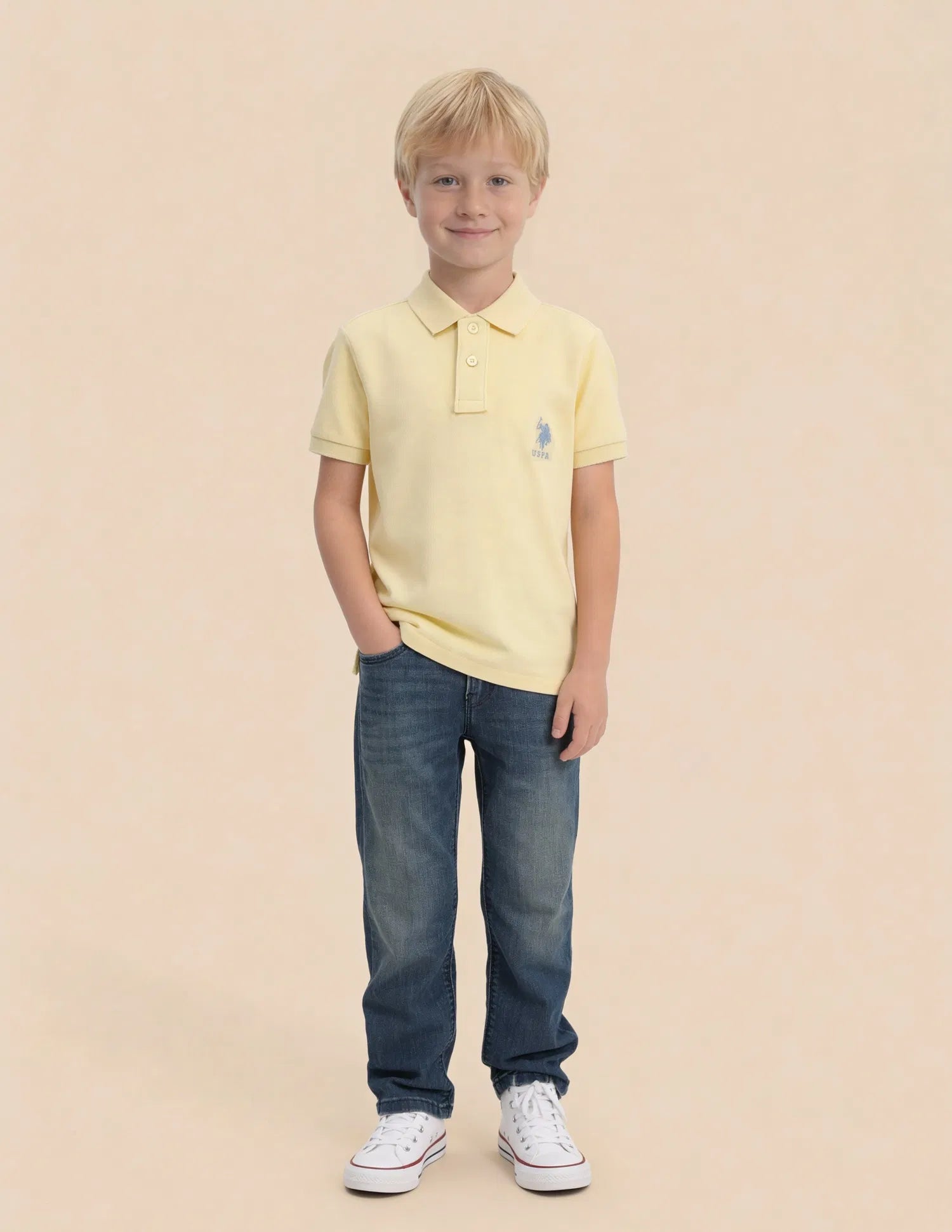 Boys Light Yellow Cotton Blend Solid Regular Fit Polo Shirt