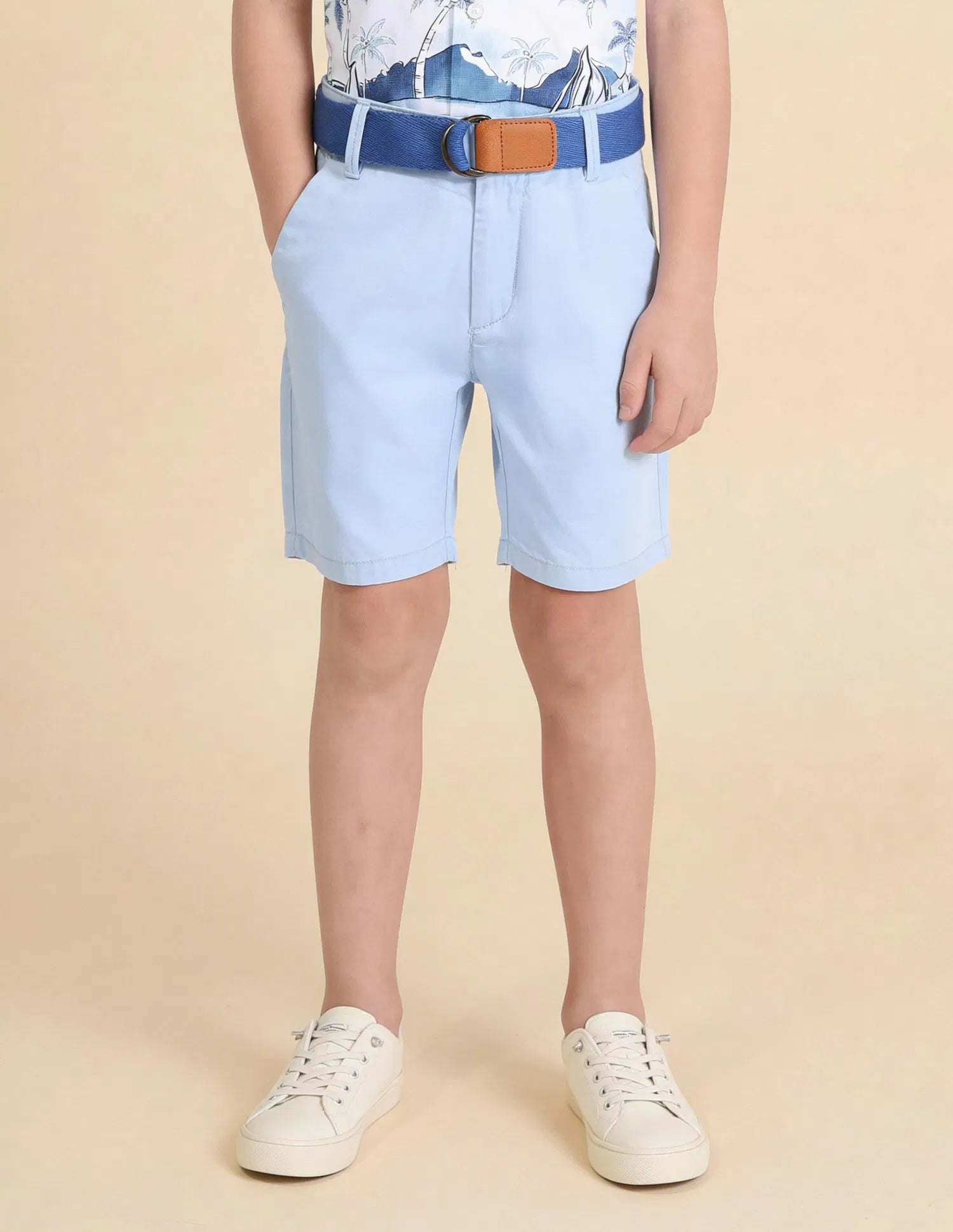 Boys Light Blue Cotton Solid Shorts Relaxed Fit